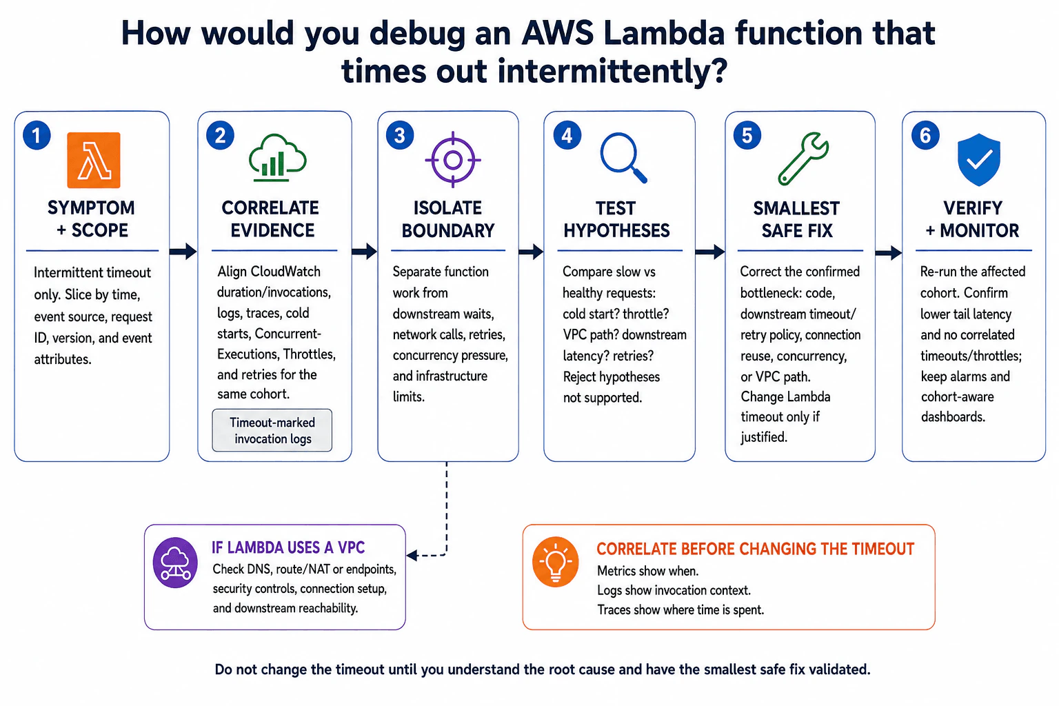 How would you debug an AWS Lambda function that times out intermittently? diagram