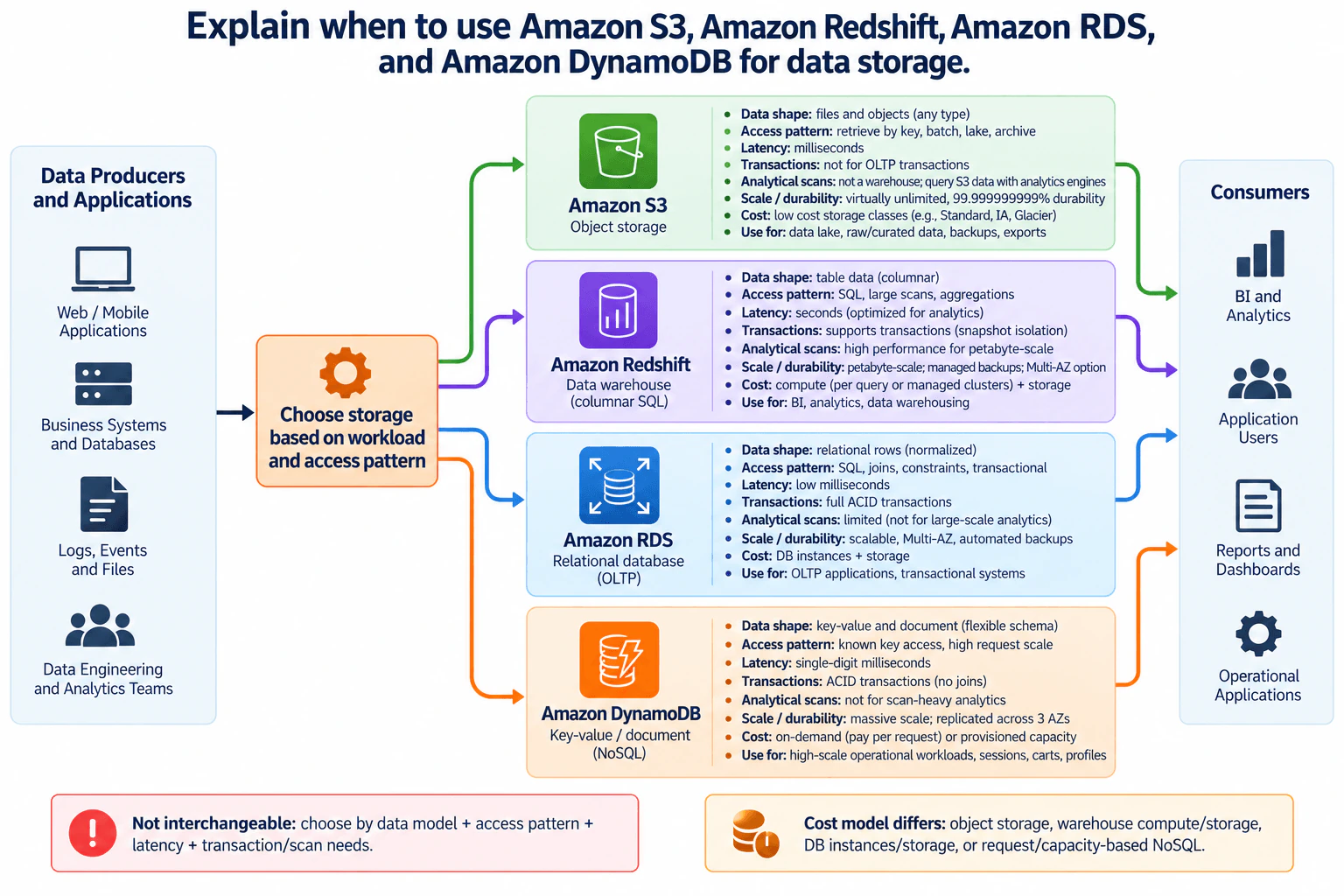 Explain when to use Amazon S3, Amazon Redshift, Amazon RDS, and Amazon DynamoDB for data storage. diagram
