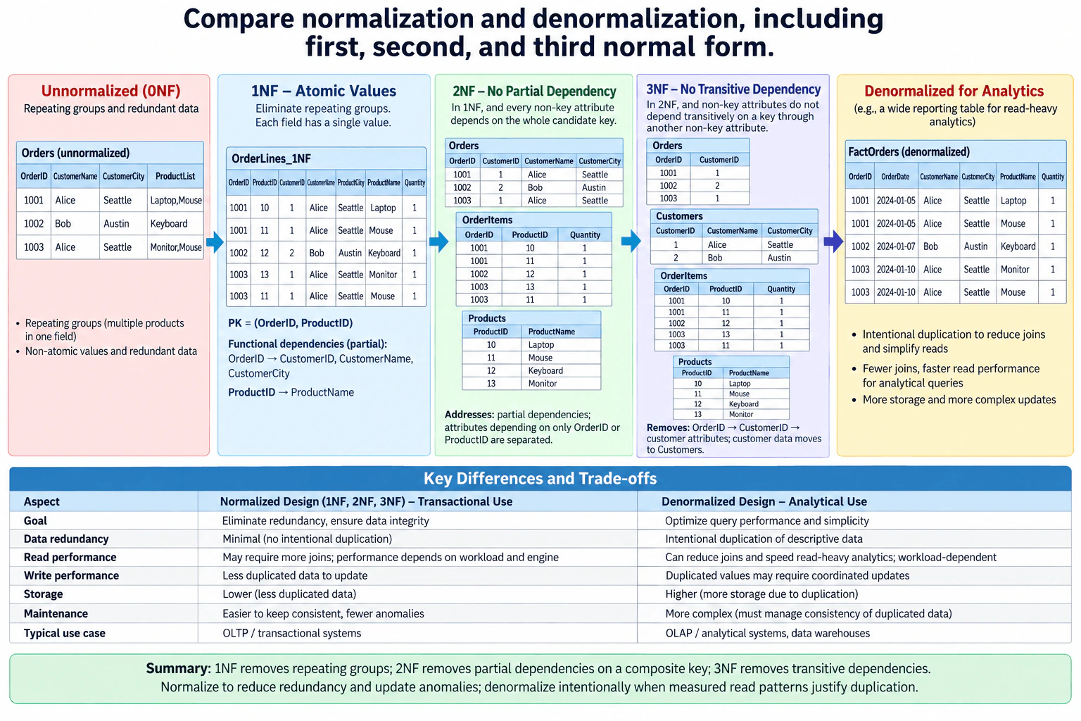 Compare normalization and denormalization, including first, second, and third normal form. diagram