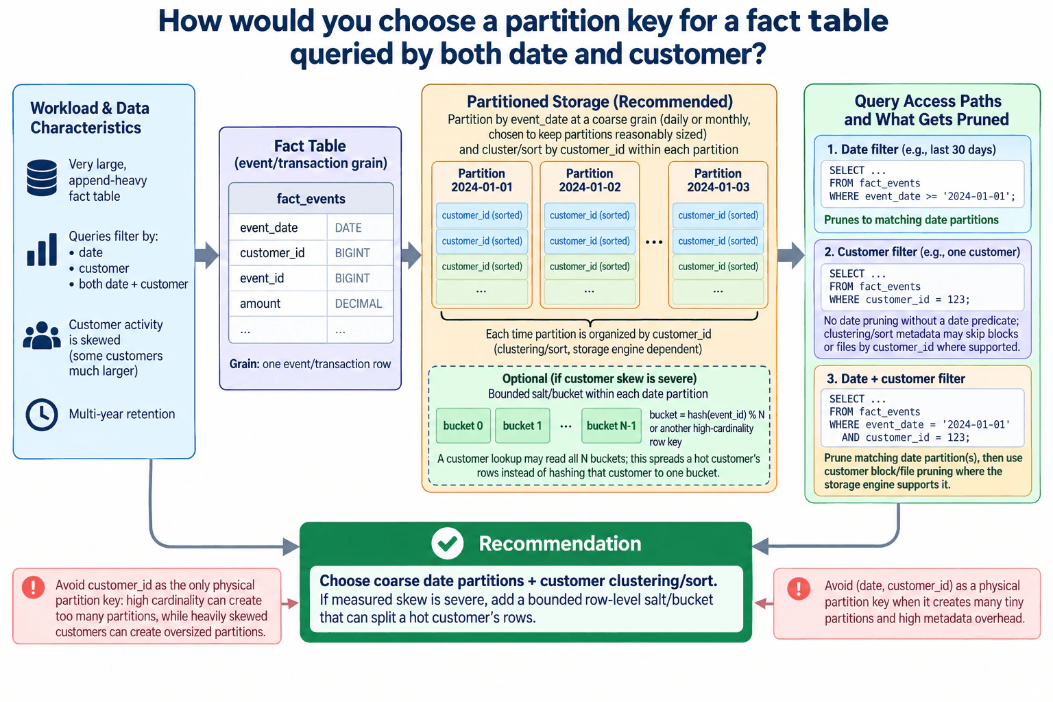 How would you choose a partition key for a fact table queried by both date and customer? diagram