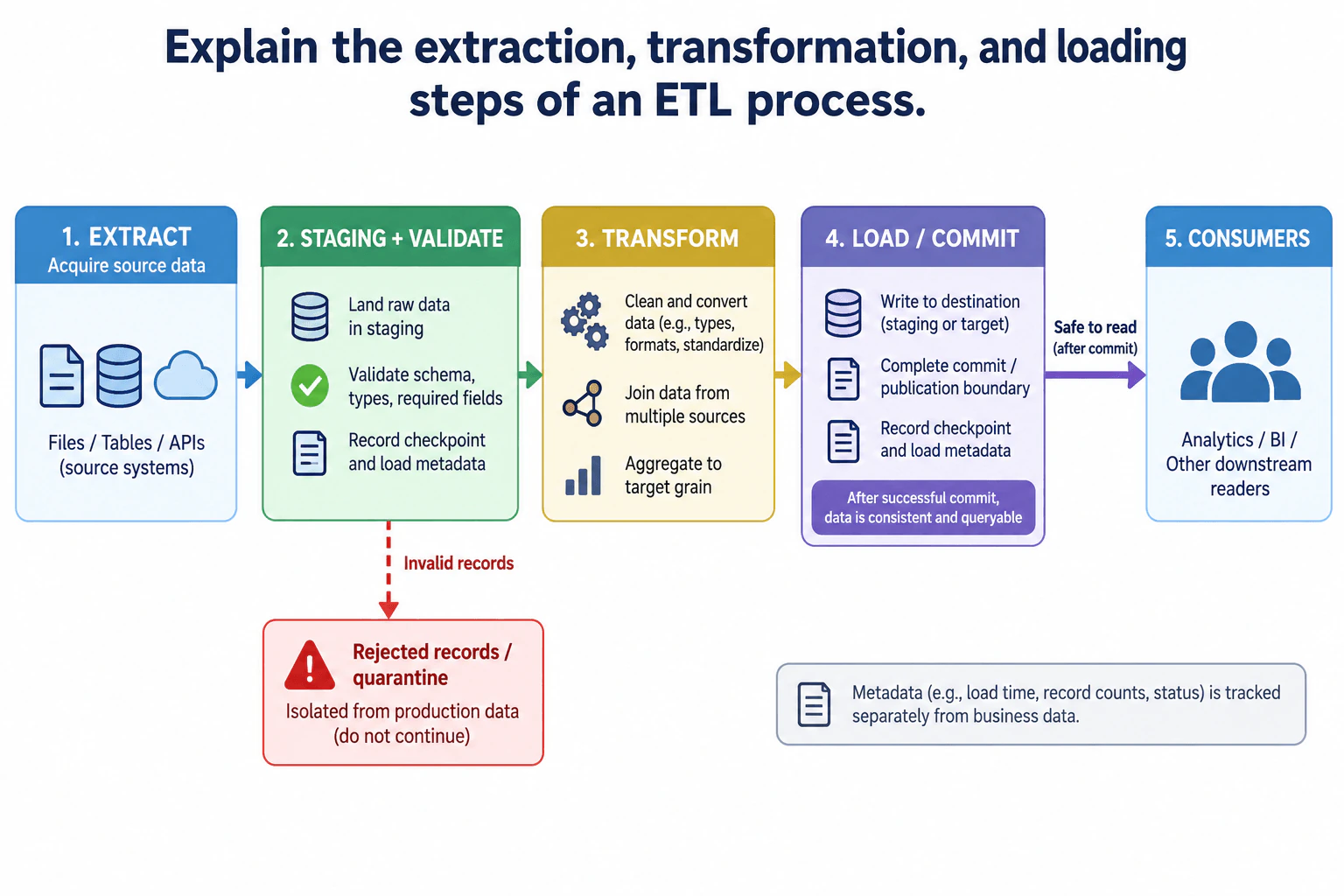 Explain the extraction, transformation, and loading steps of an ETL process. diagram