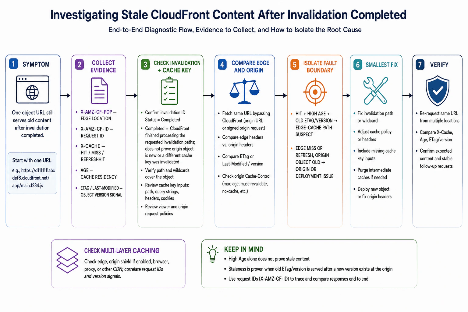 How would you investigate stale CloudFront content after an invalidation completed? diagram