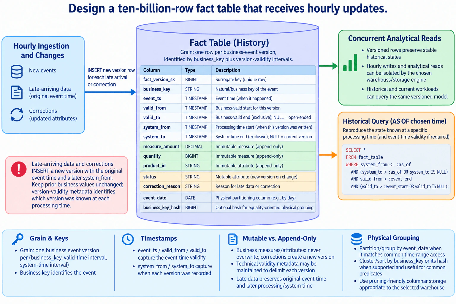 Design a ten-billion-row fact table that receives hourly updates. diagram