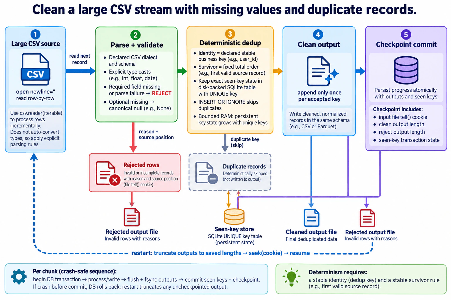 Clean a large CSV stream with missing values and duplicate records. diagram