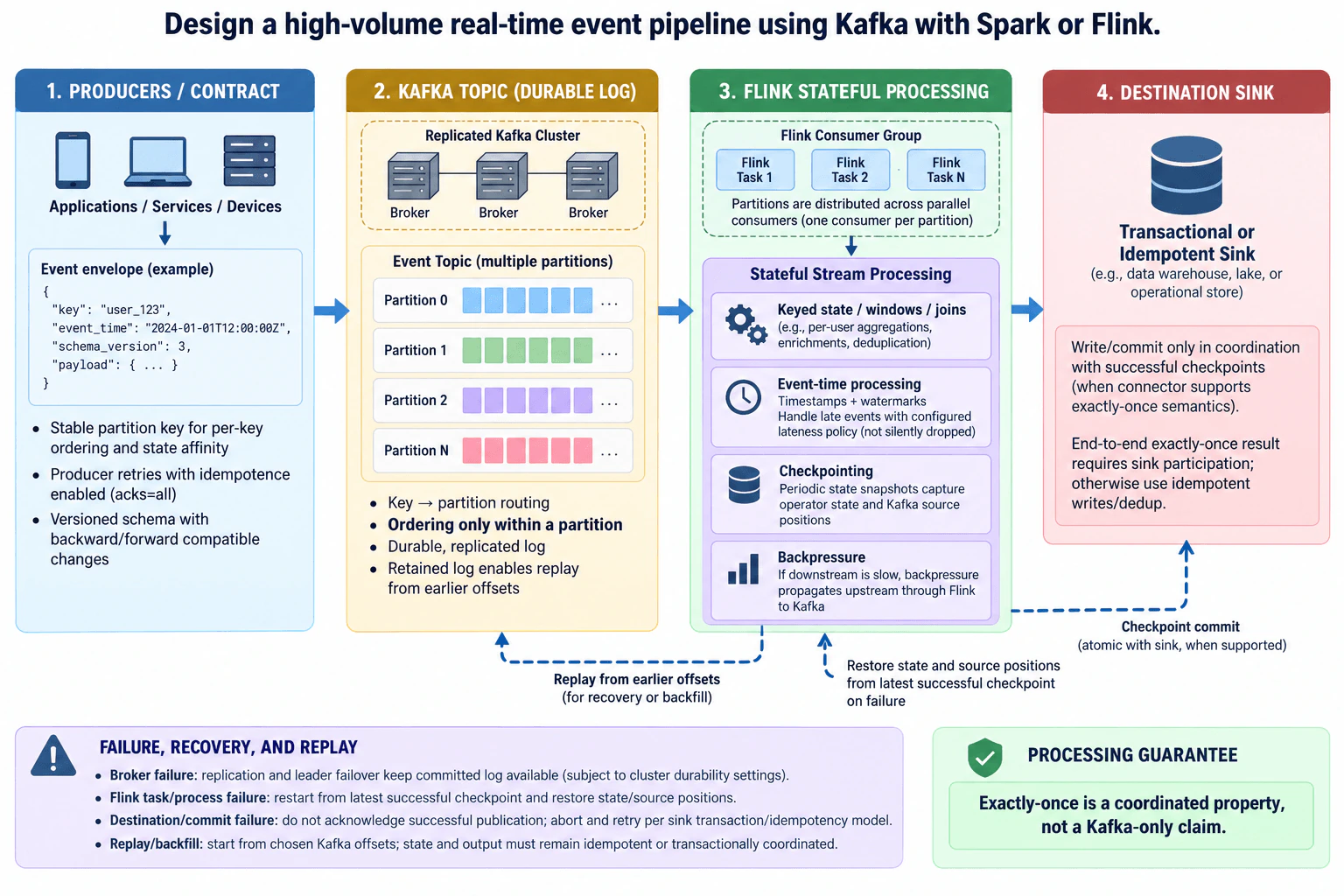Design a high-volume real-time event pipeline using Kafka with Spark or Flink. diagram