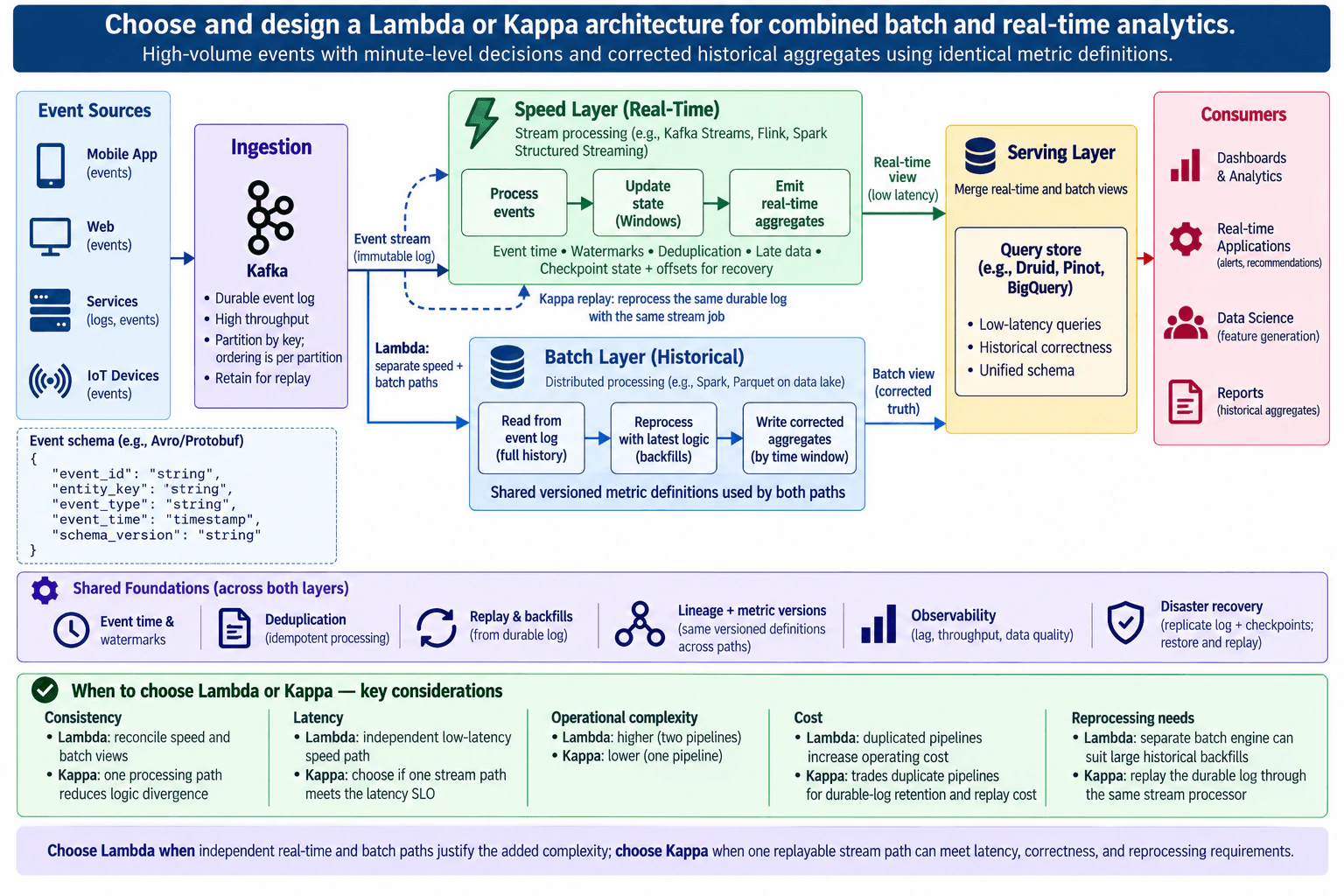 Choose and design a Lambda or Kappa architecture for combined batch and real-time analytics. diagram