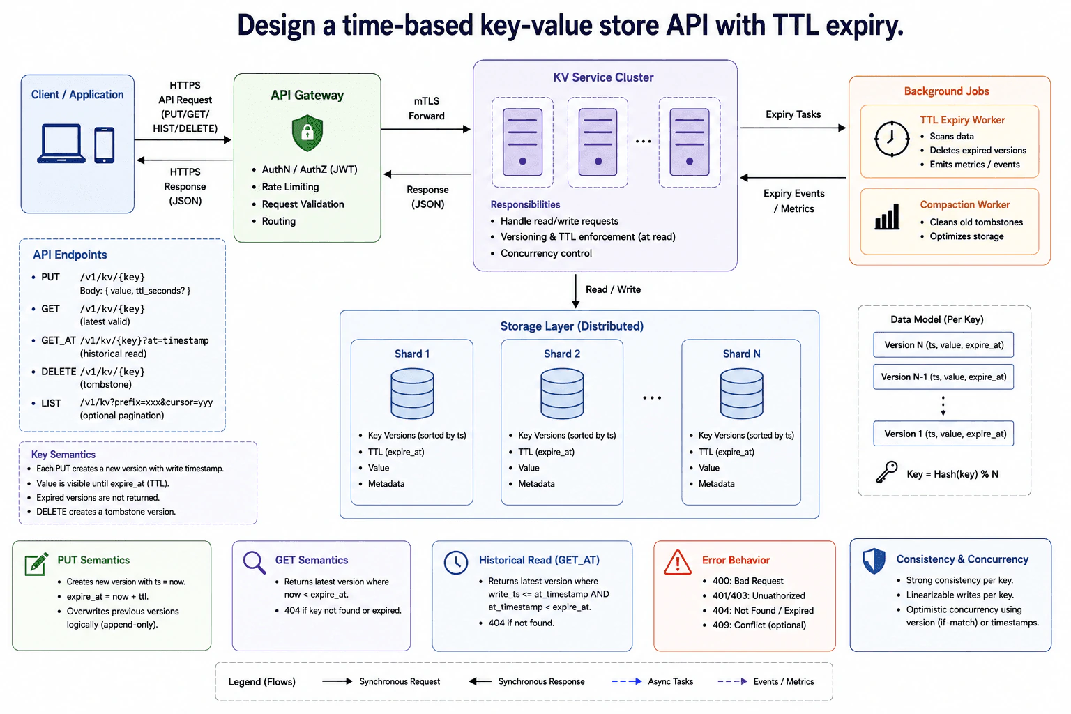 Design a time-based key-value store API with TTL expiry. diagram