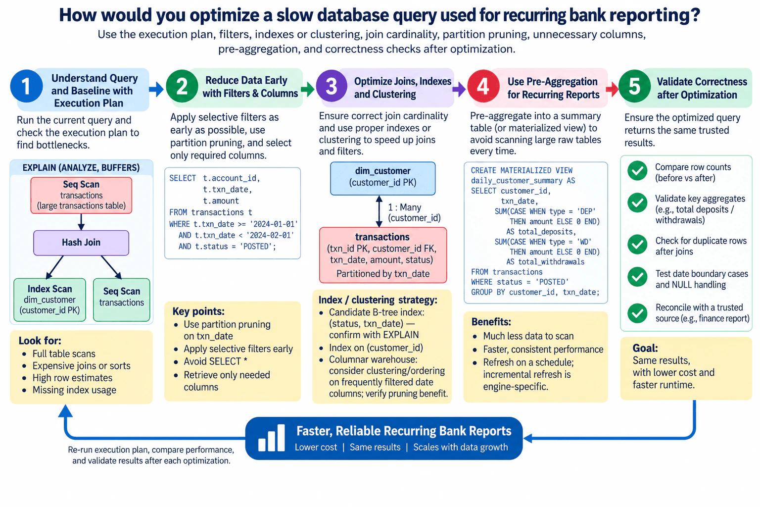 How would you optimize a slow database query used for recurring bank reporting? diagram