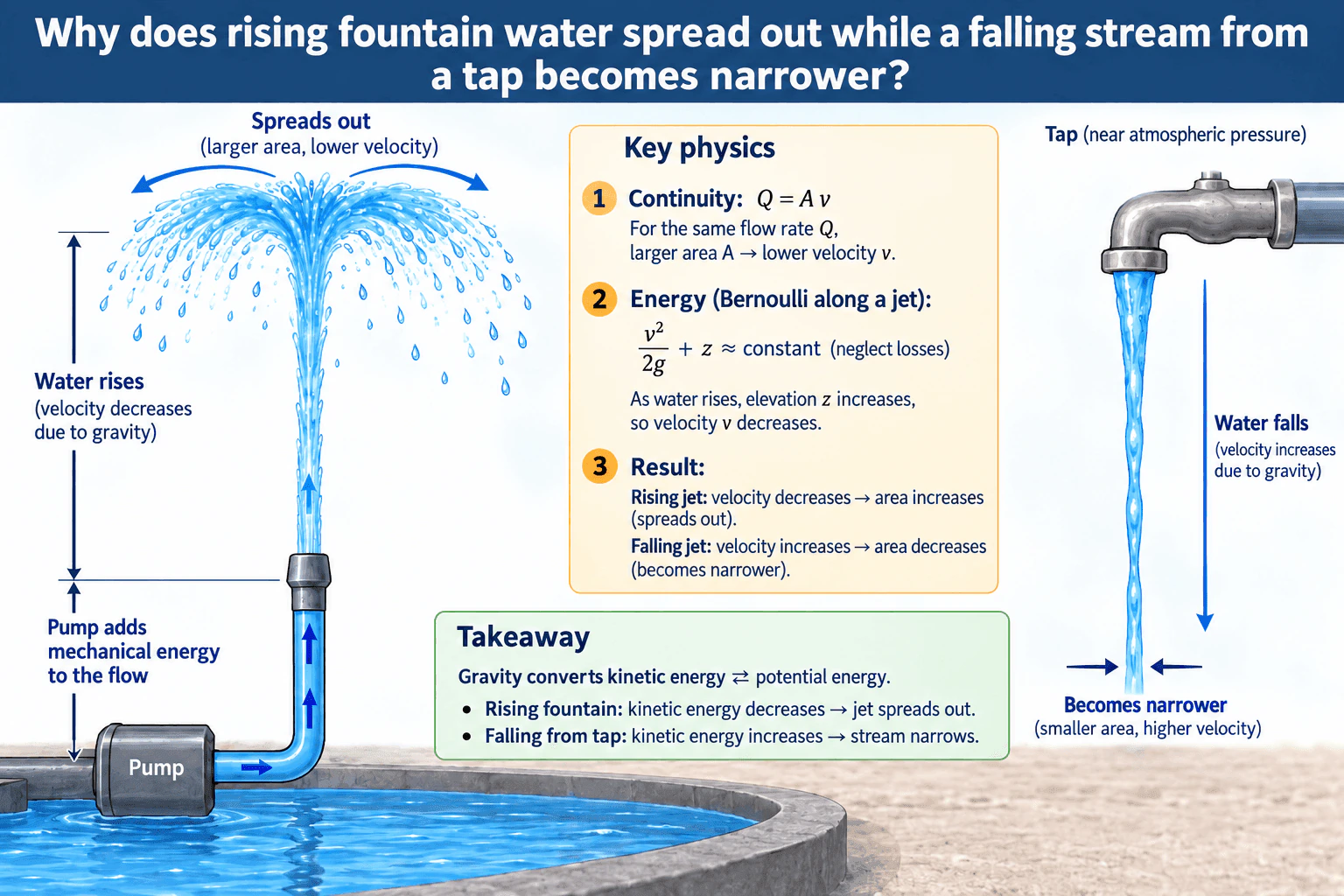 Why does rising fountain water spread out while a falling stream from a tap becomes narrower? diagram