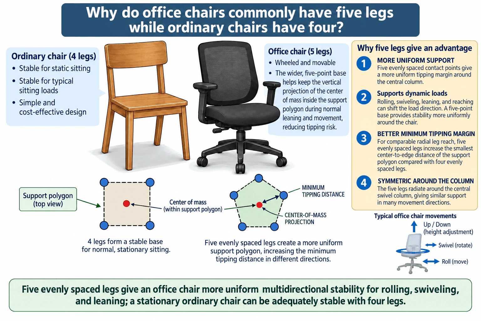 Why do office chairs commonly have five legs while ordinary chairs have four? diagram