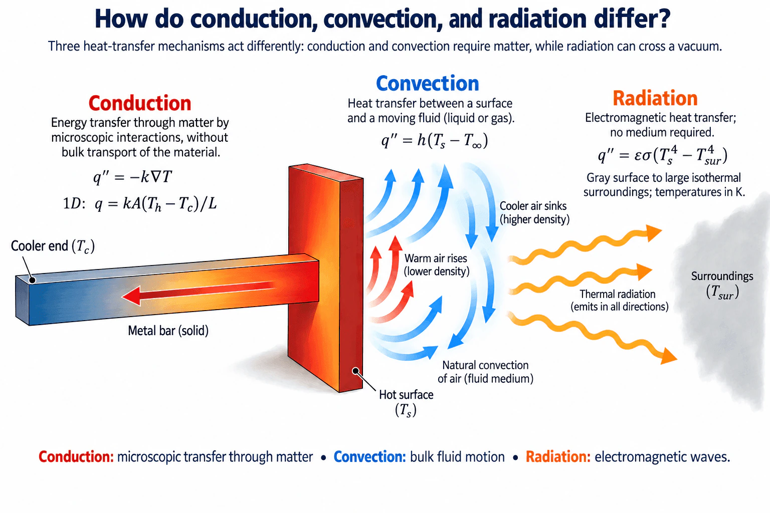 How do conduction, convection, and radiation differ? diagram