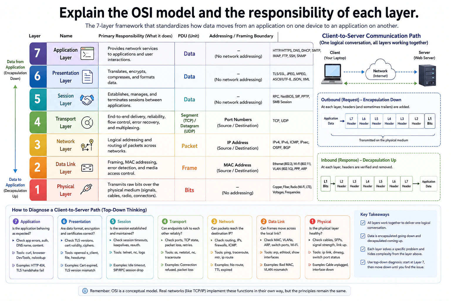 Explain the OSI model and the responsibility of each layer. diagram