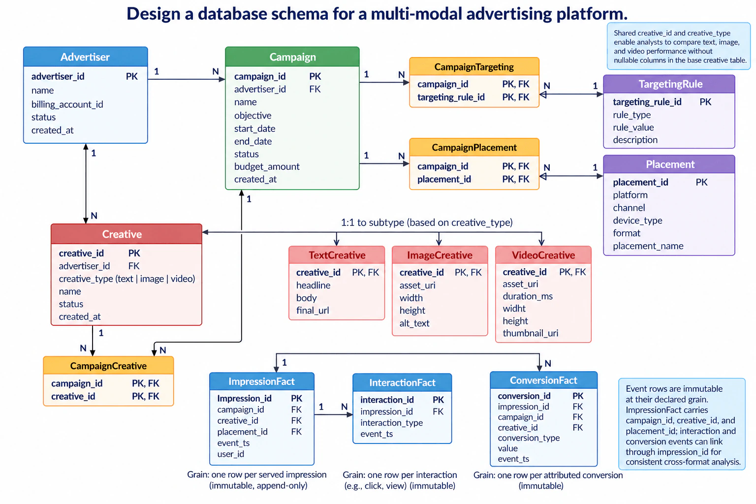 Design a database schema for a multi-modal advertising platform. diagram