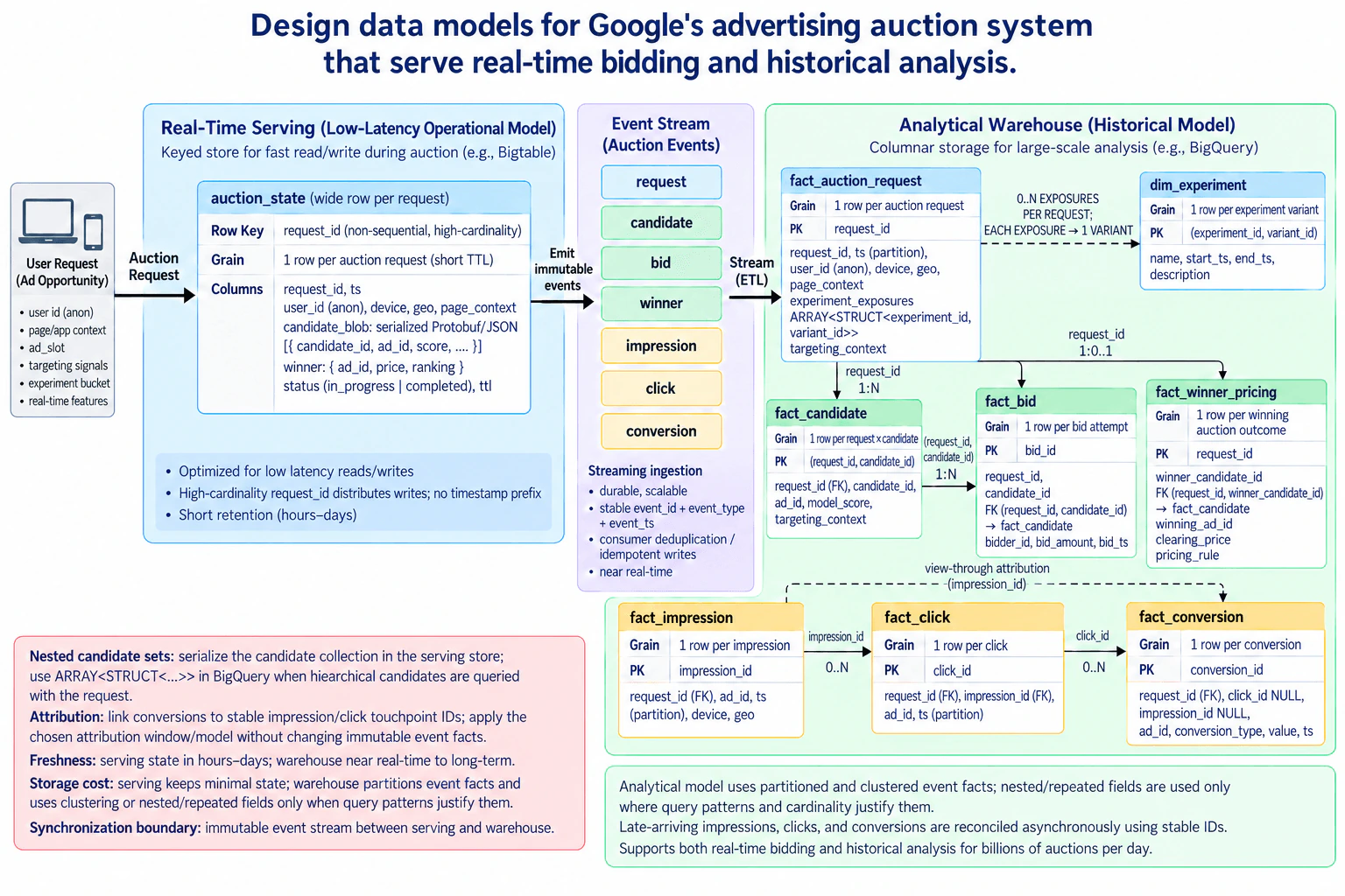 Design data models for Google's advertising auction system that serve real-time bidding and historical analysis. diagram
