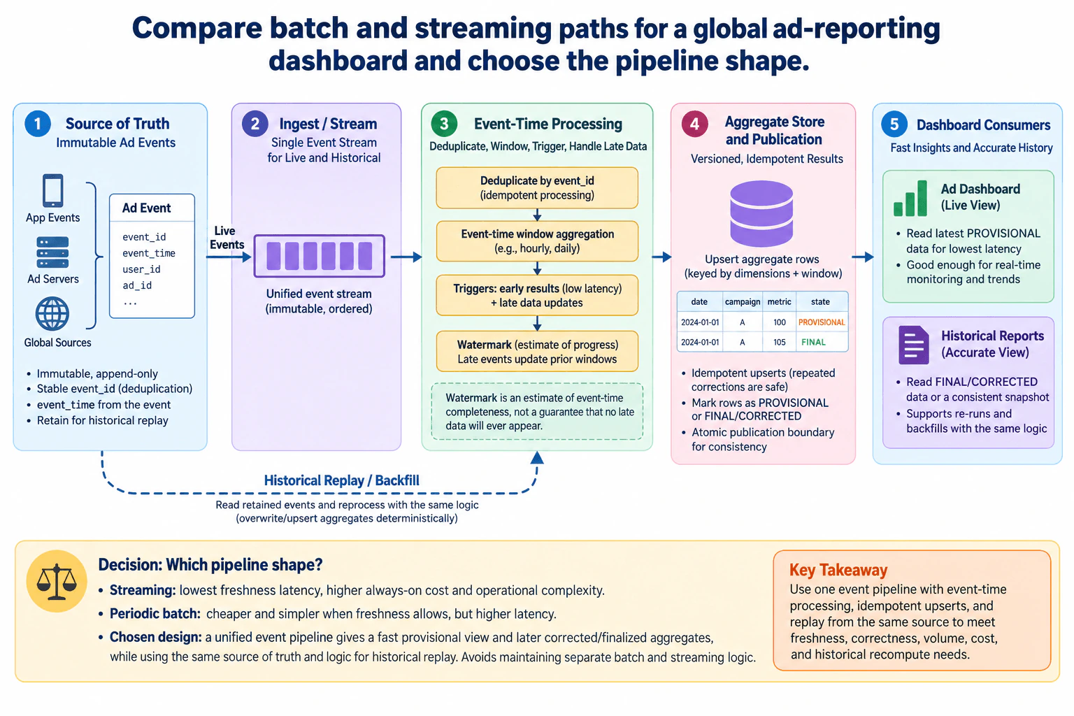 Compare batch and streaming paths for a global ad-reporting dashboard and choose the pipeline shape. diagram