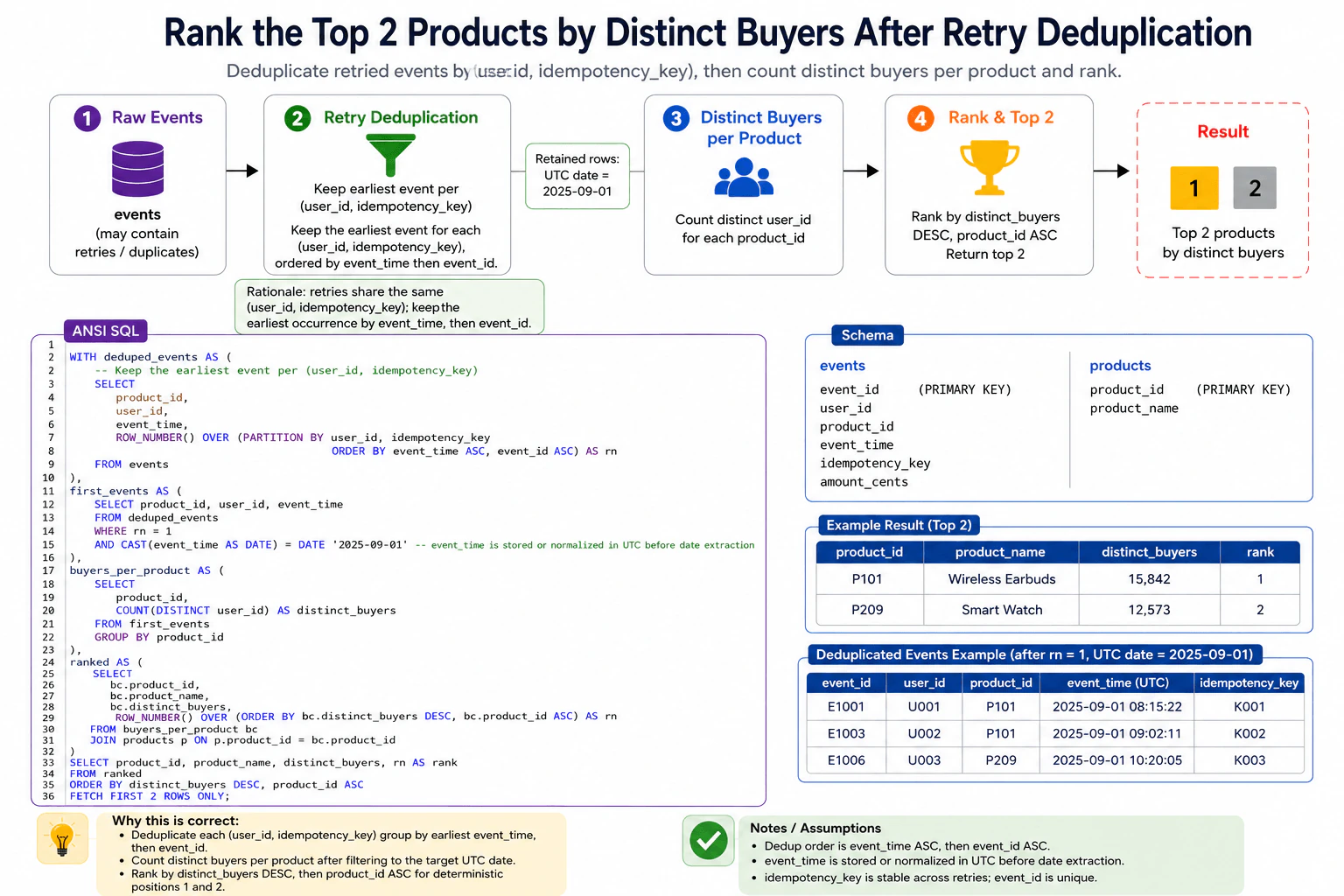 Rank the top two products by distinct buyers after retry deduplication. diagram