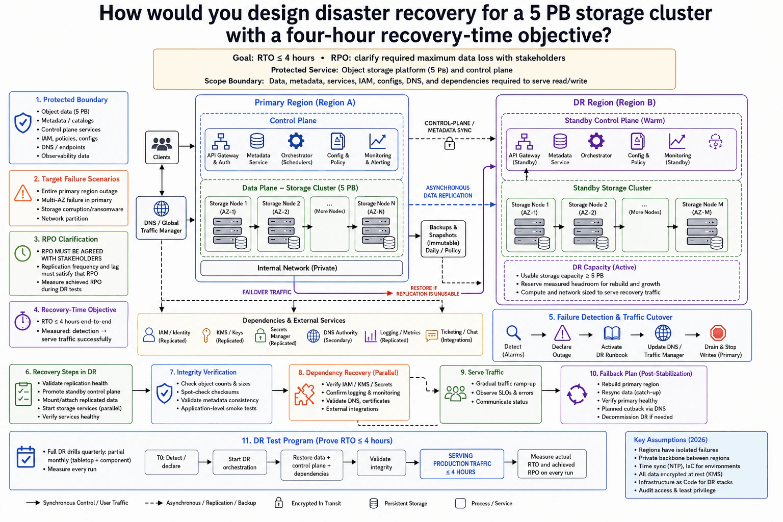 How would you design disaster recovery for a 5 PB storage cluster with a four-hour recovery-time objective? diagram
