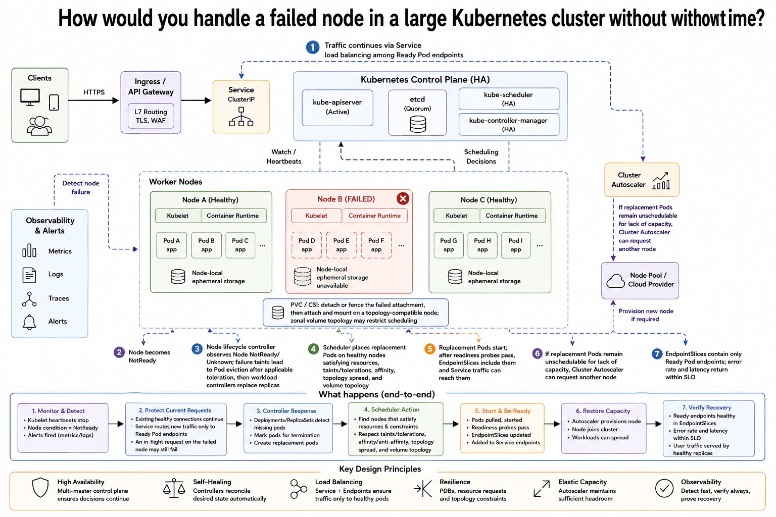 How would you handle a failed node in a large Kubernetes cluster without downtime? diagram