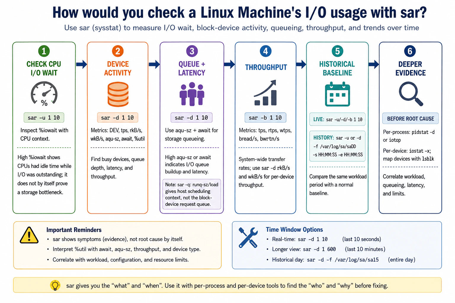 How would you check a Linux machine's I/O usage with sar? diagram