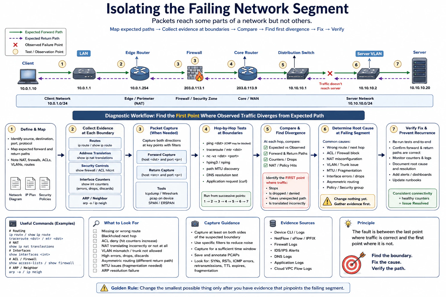 Packets reach some parts of a network but not others. How would you isolate the failing segment? diagram
