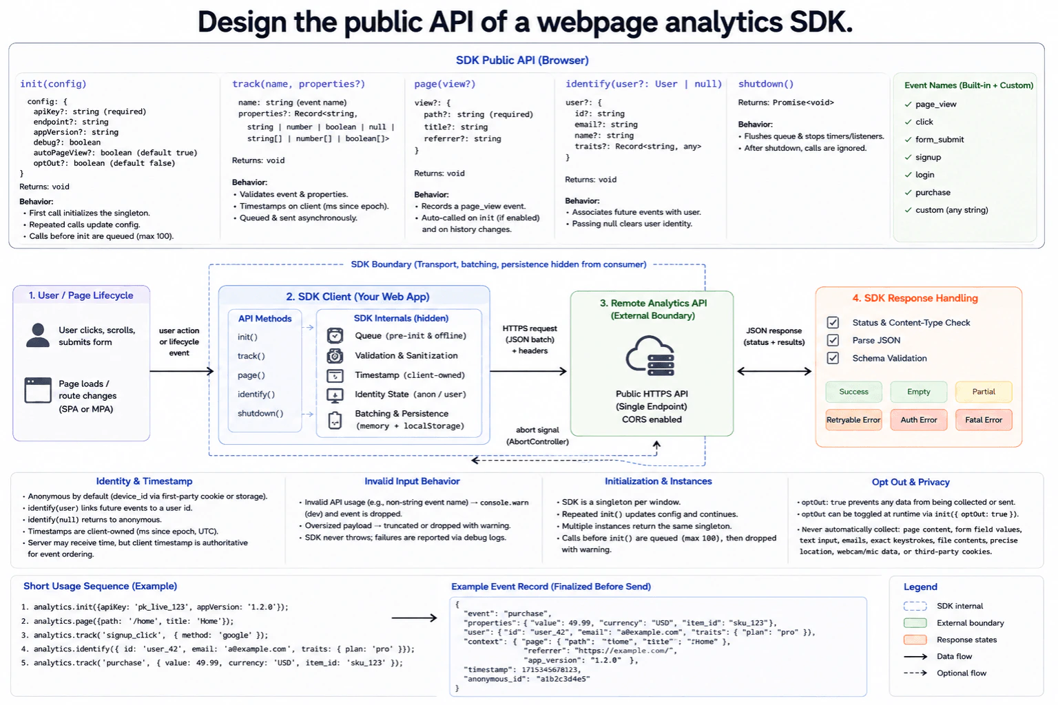 Design the public API of a webpage analytics SDK. diagram