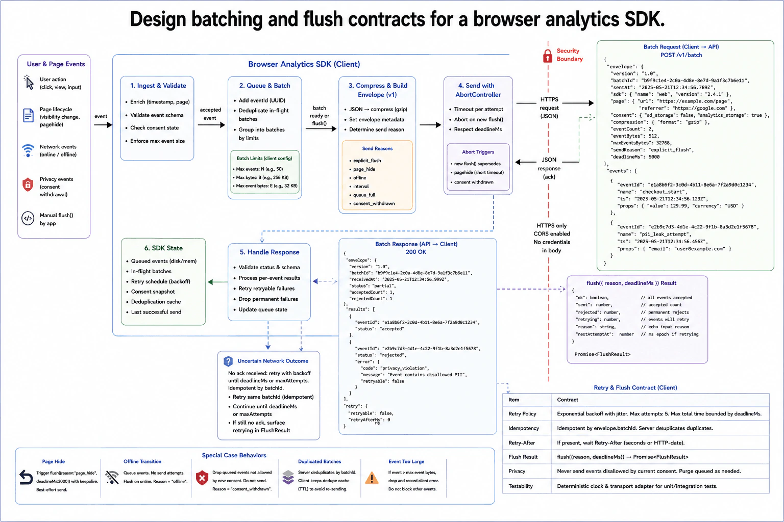 Design batching and flush contracts for a browser analytics SDK. diagram