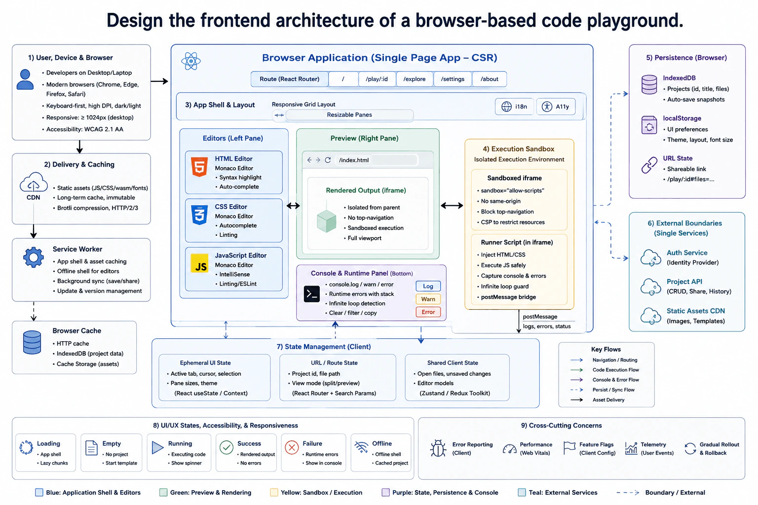 Design the frontend architecture of a browser-based code playground. diagram
