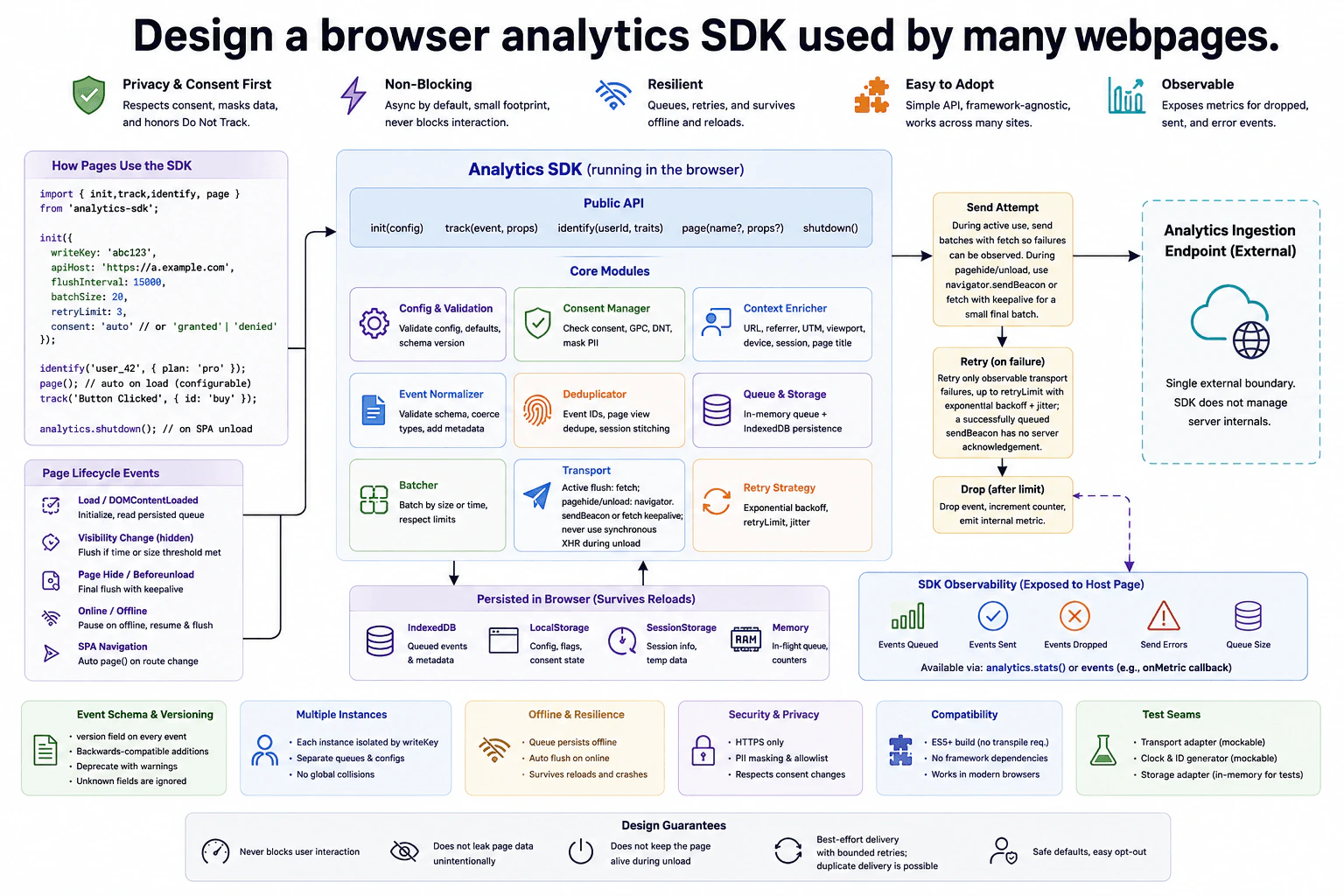 Design a browser analytics SDK used by many webpages. diagram