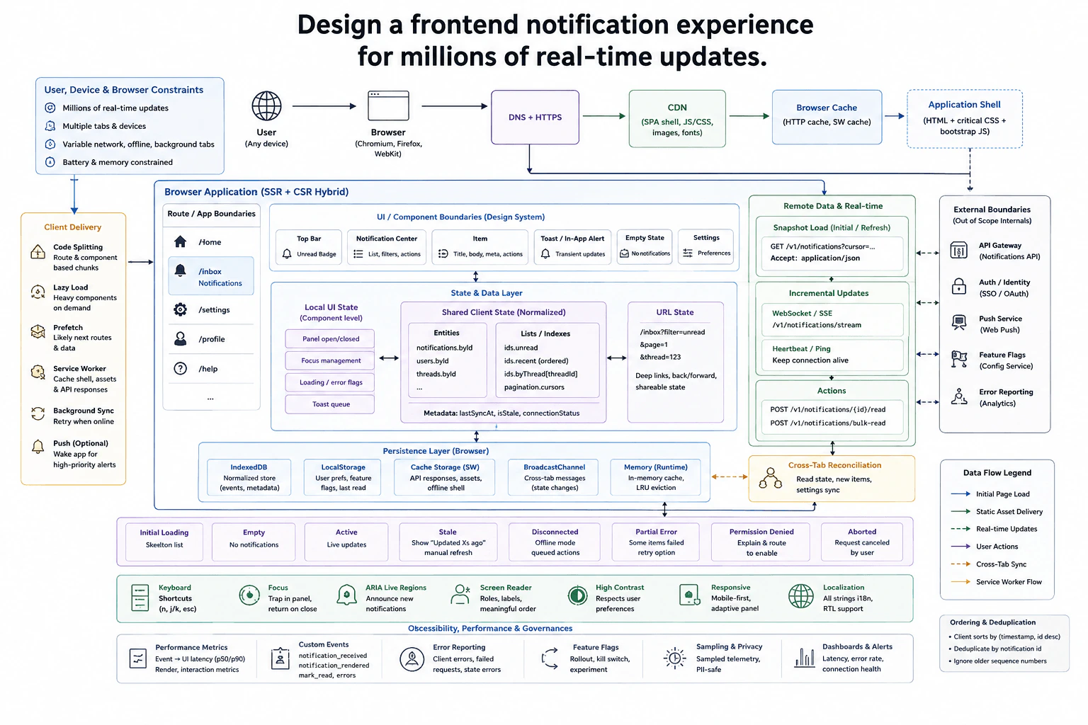 Design a frontend notification experience for millions of real-time updates. diagram