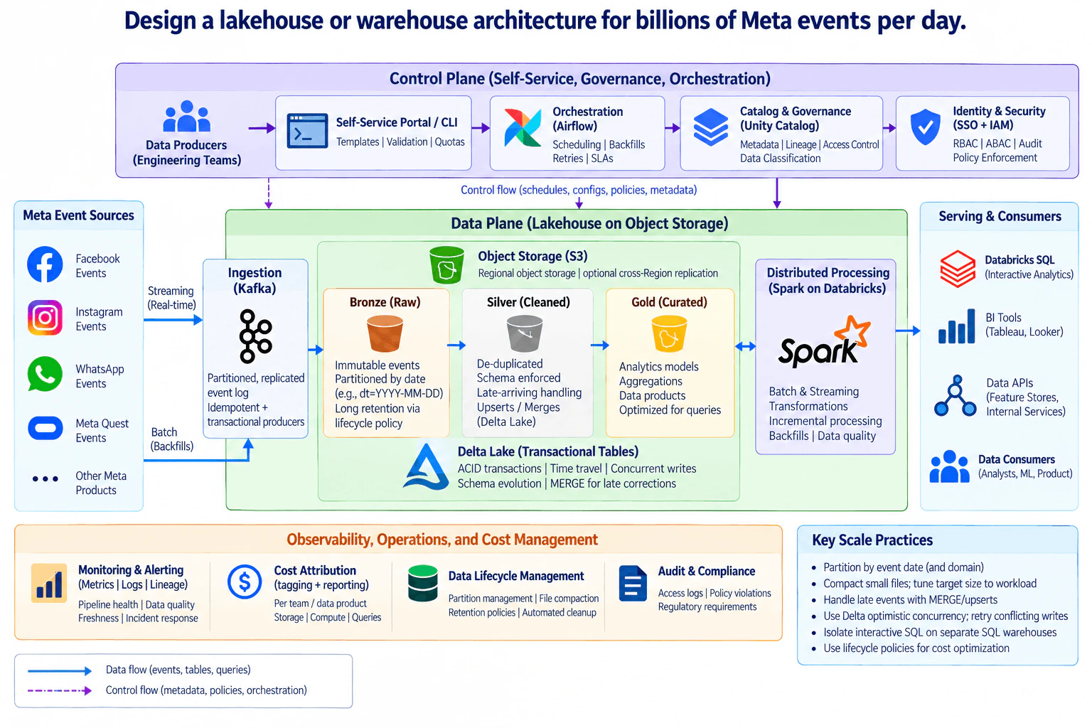 Design a lakehouse or warehouse architecture for billions of Meta events per day. diagram
