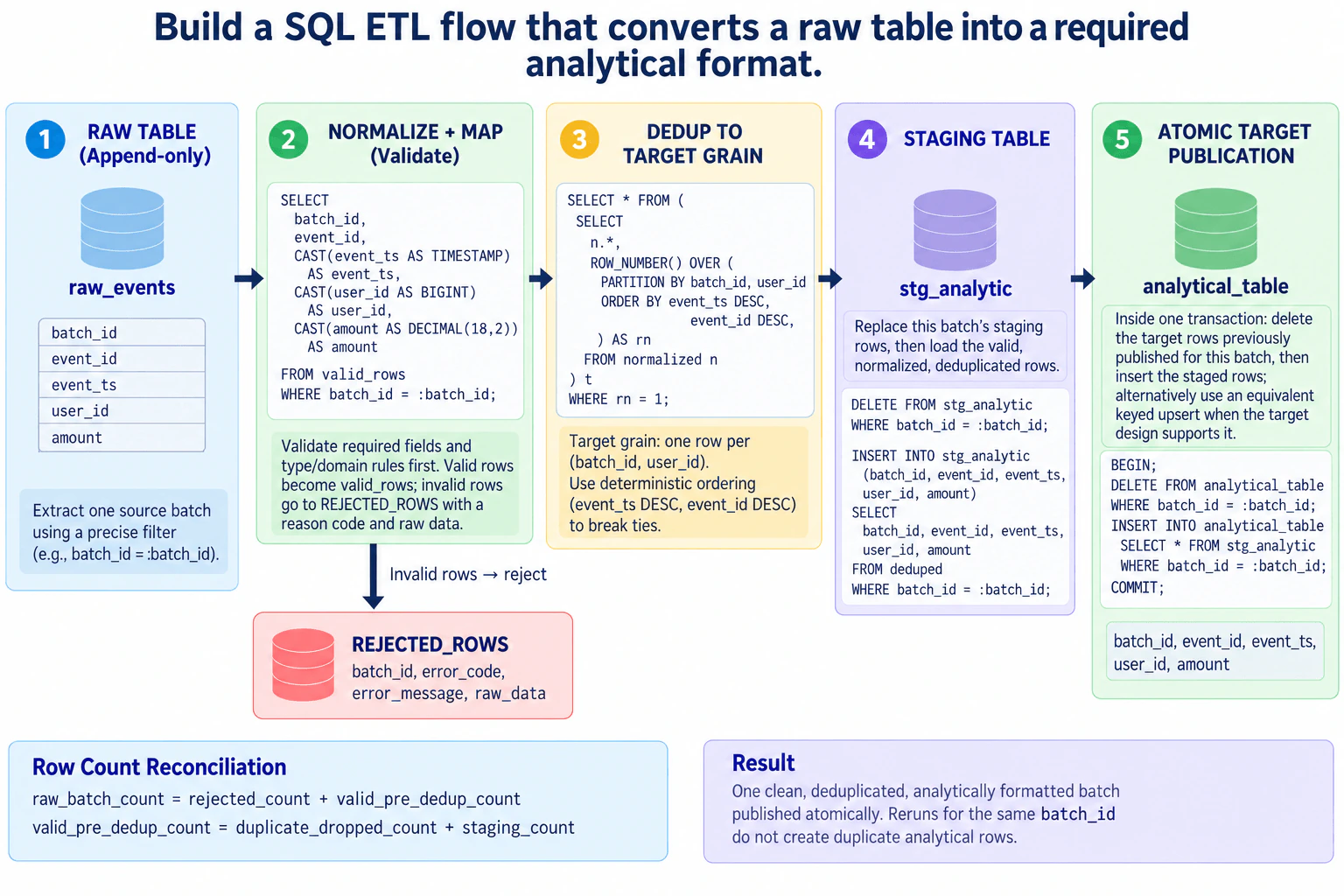 Build a SQL ETL flow that converts a raw table into a required analytical format. diagram