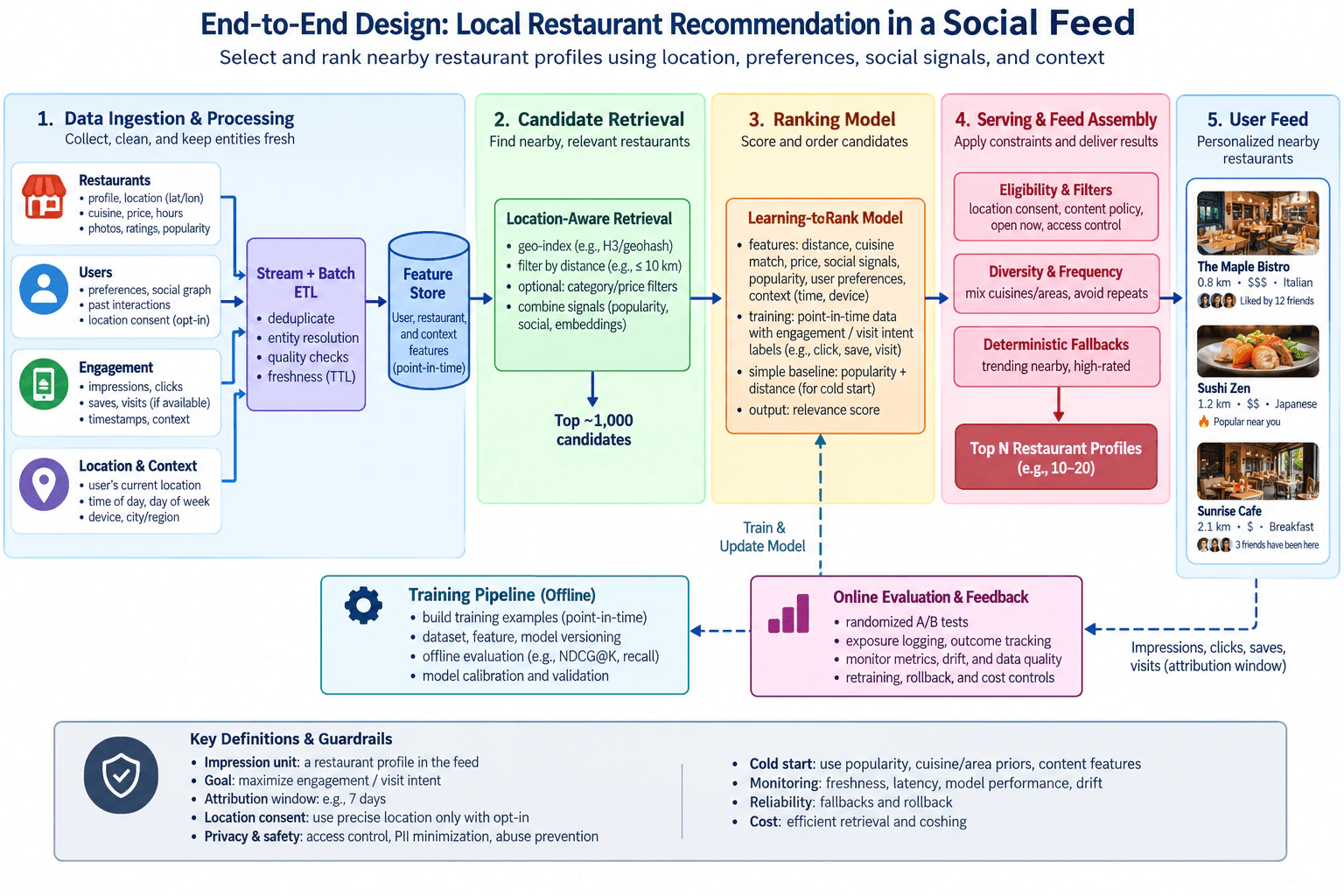 Design a system that recommends local restaurant profiles in a social feed. diagram