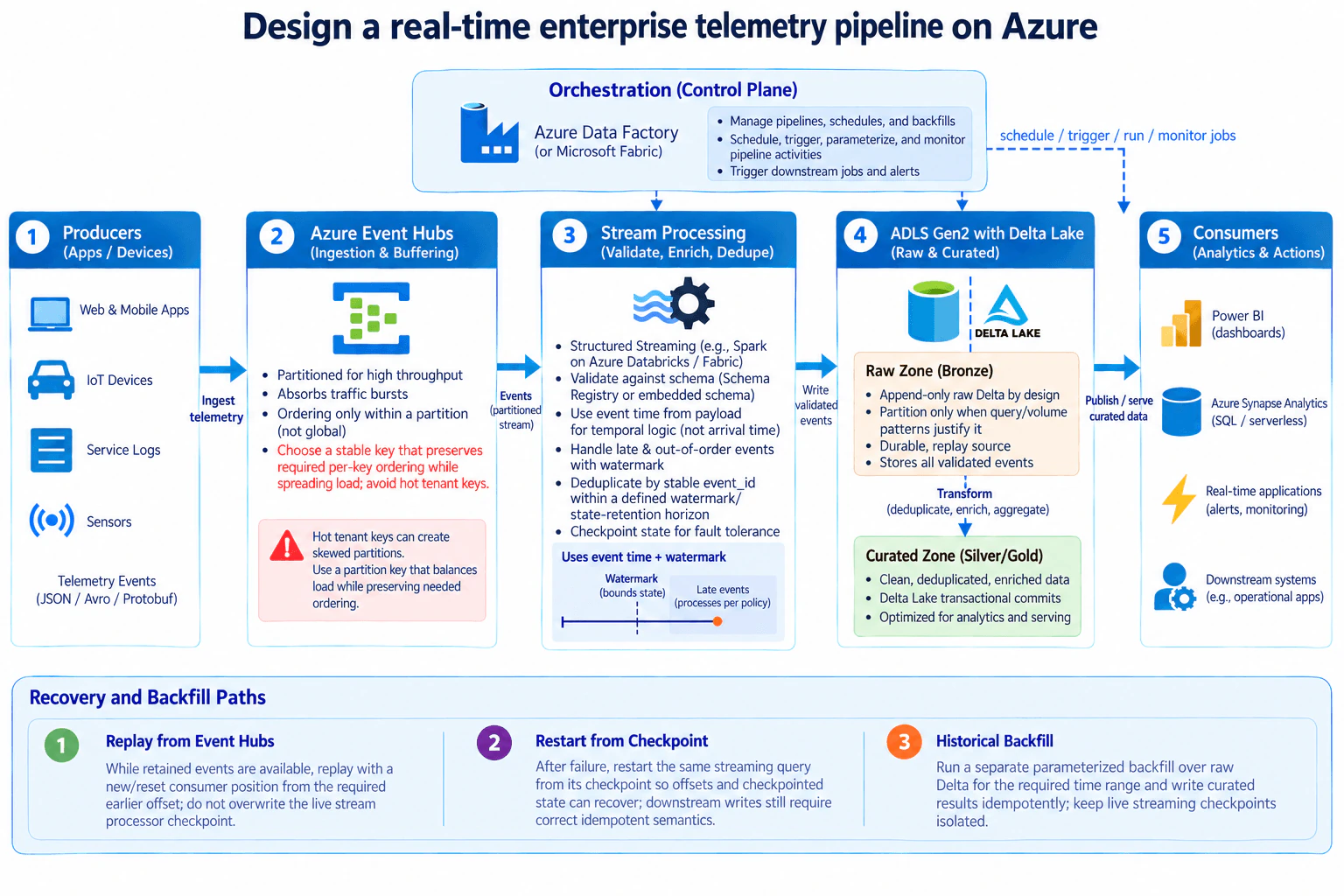 Design a real-time enterprise telemetry pipeline on Azure. diagram