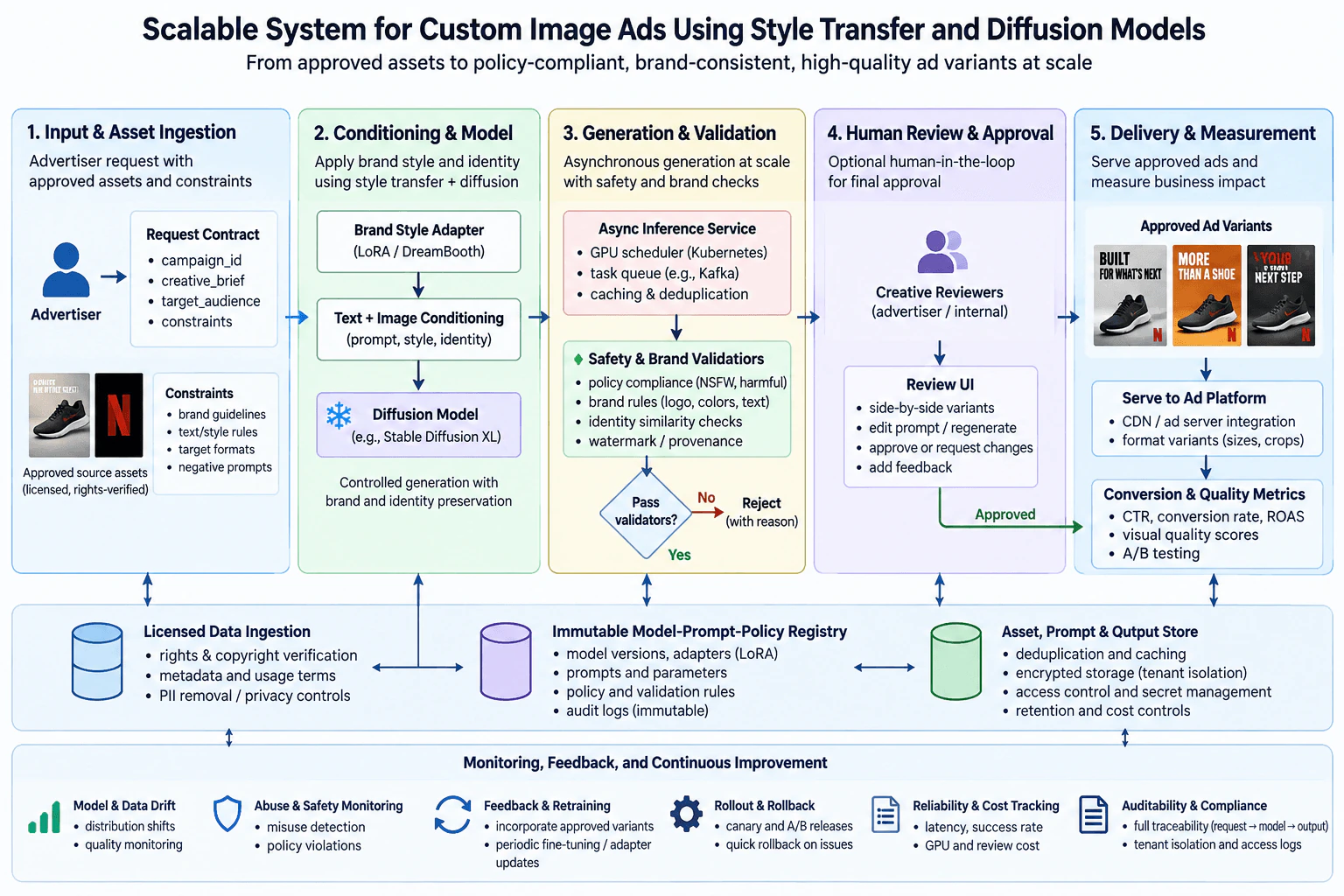 Design a scalable system for custom image ads using style transfer and diffusion models. diagram