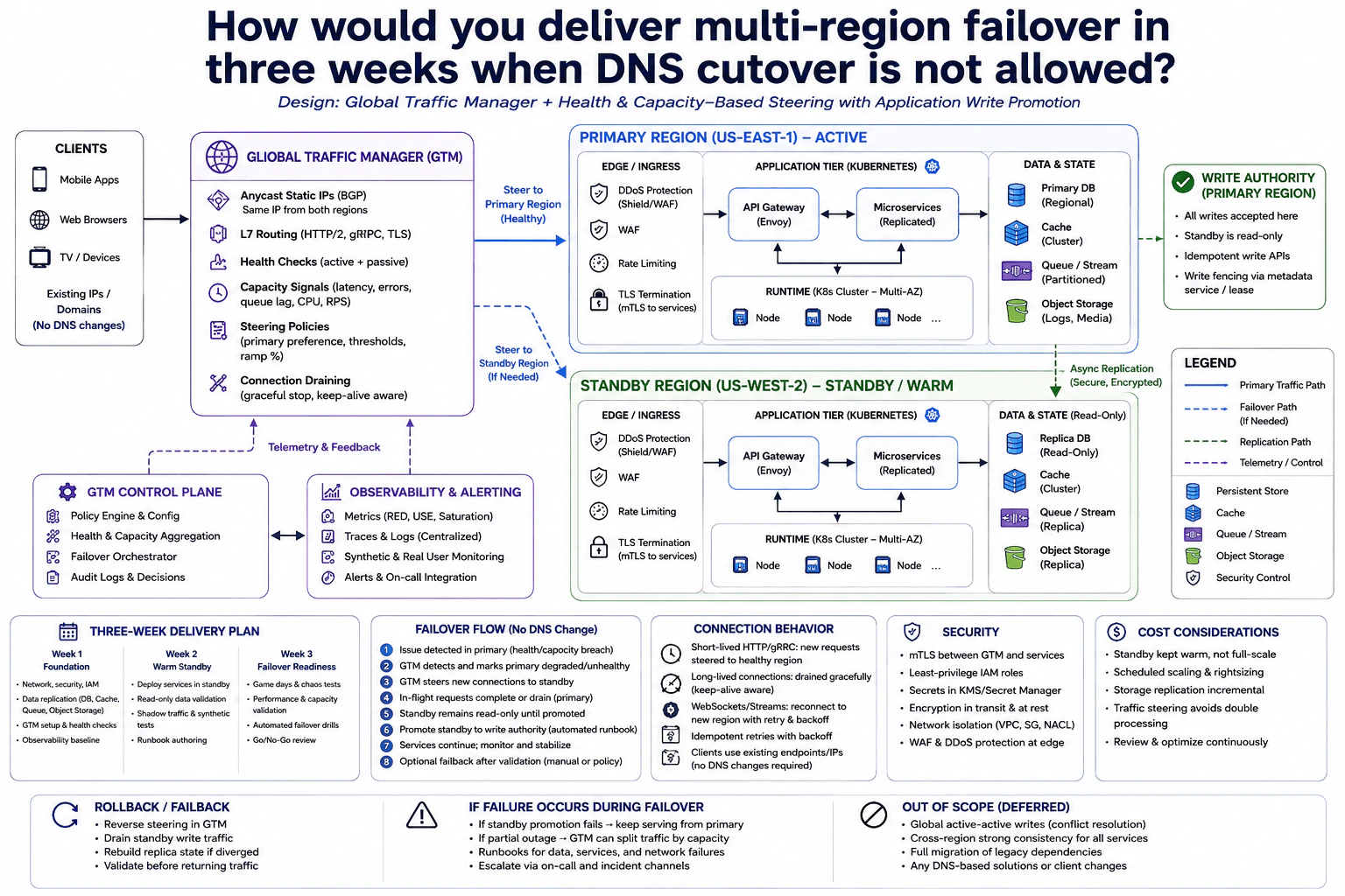 How would you deliver multi-region failover in three weeks when DNS cutover is not allowed? diagram