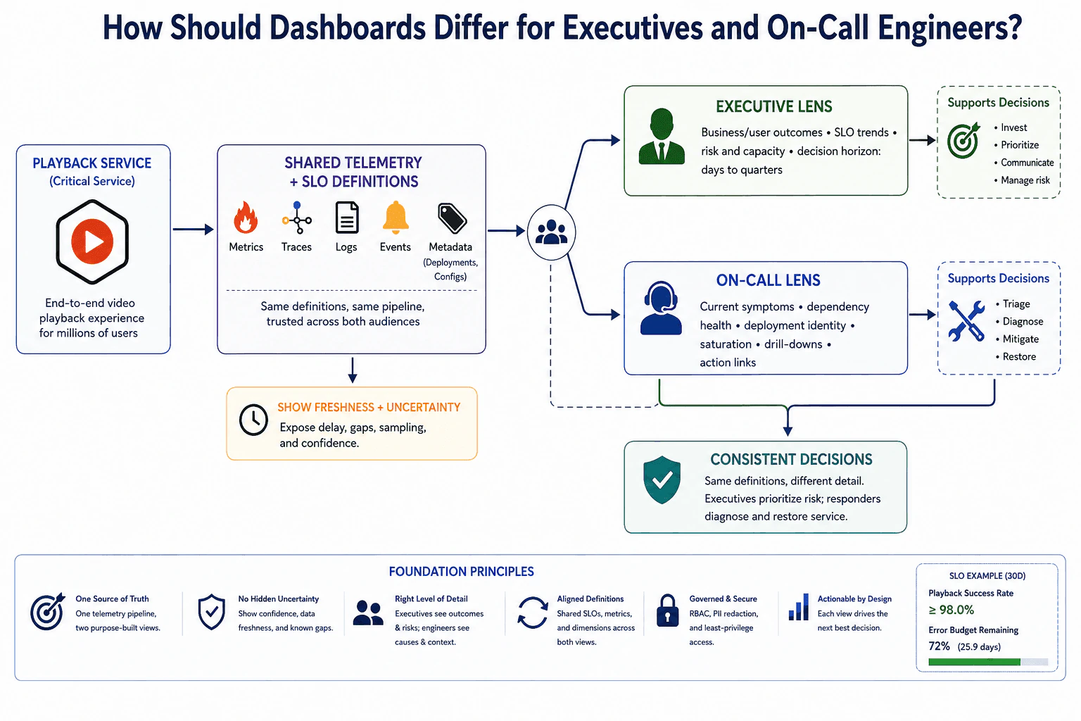 How should dashboards differ for executives and on-call engineers? diagram