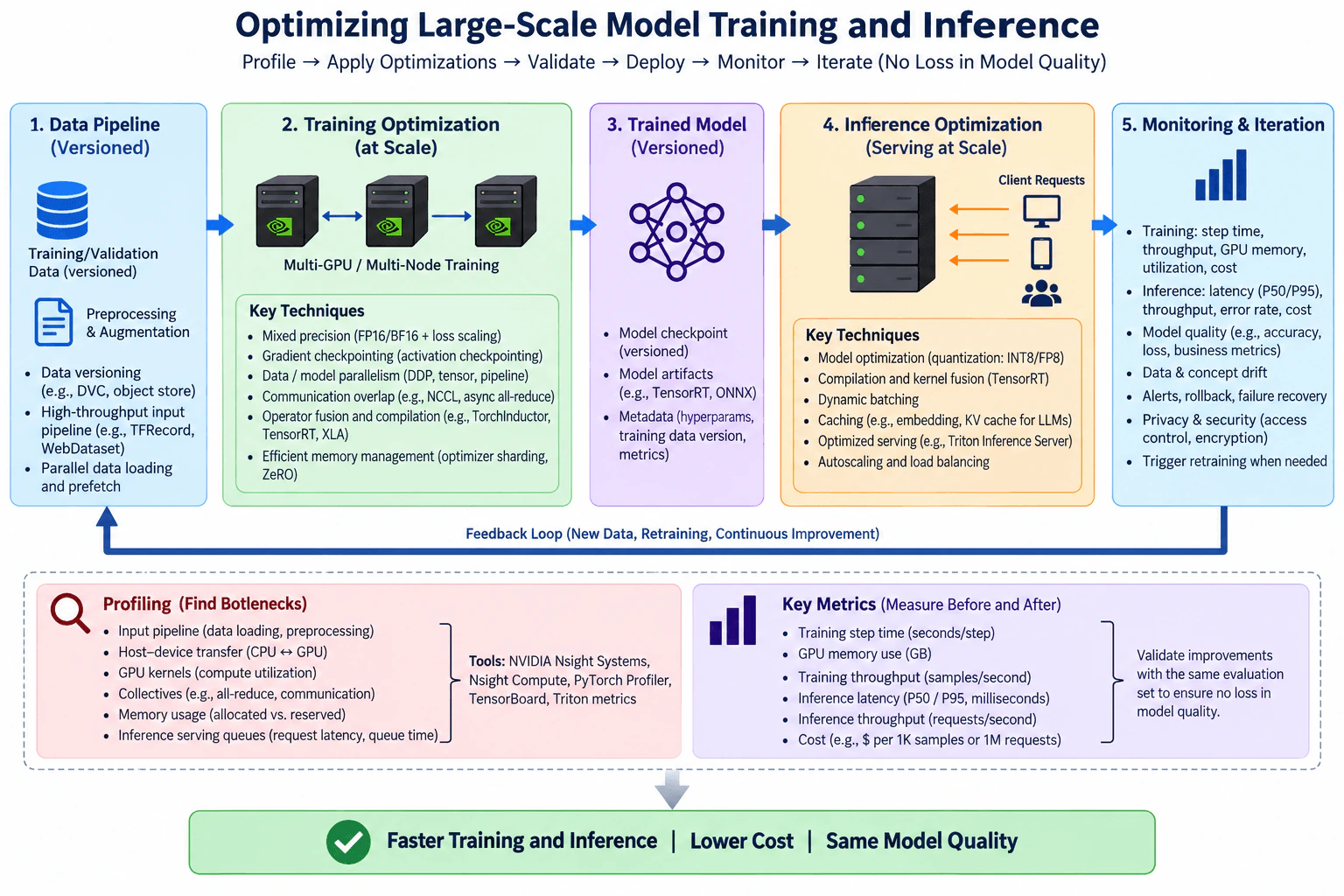 Design an approach to optimize large-scale model training and inference. diagram