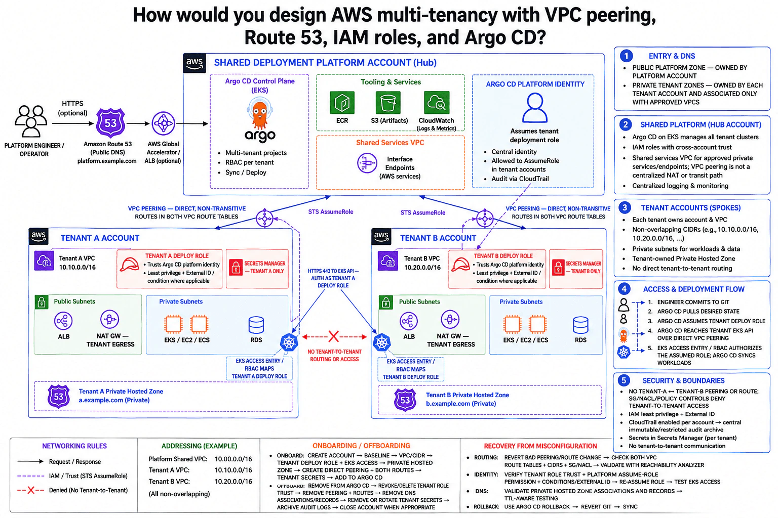 How would you design AWS multi-tenancy with VPC peering, Route 53, IAM roles, and Argo CD? diagram