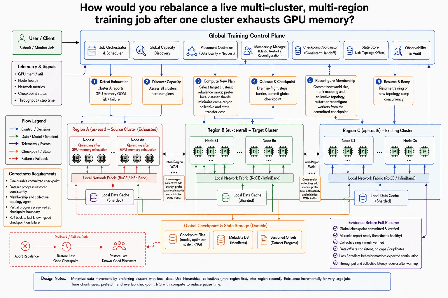 How would you rebalance a live multi-cluster, multi-region training job after one cluster exhausts GPU memory? diagram
