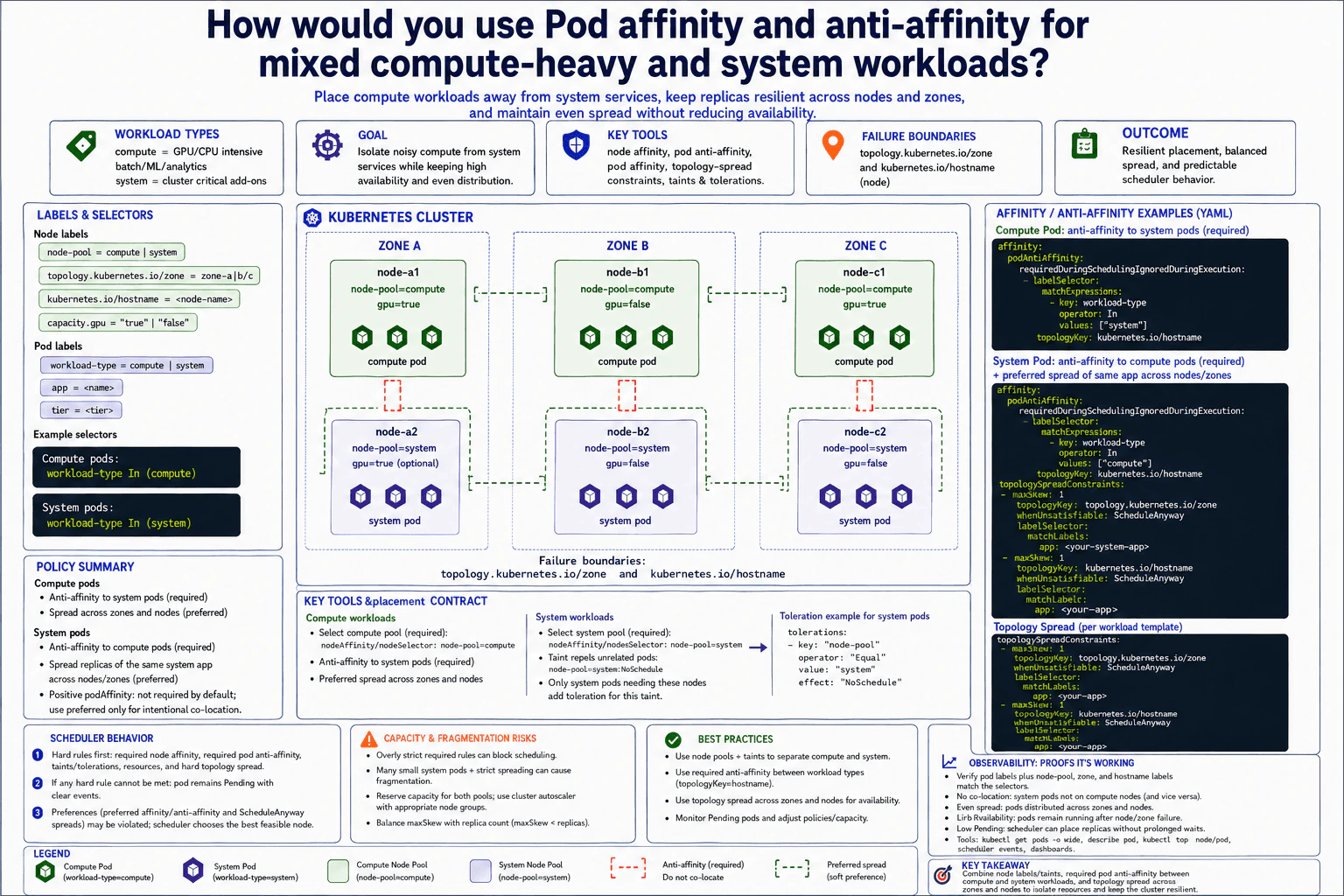 How would you use Pod affinity and anti-affinity for mixed compute-heavy and system workloads? diagram