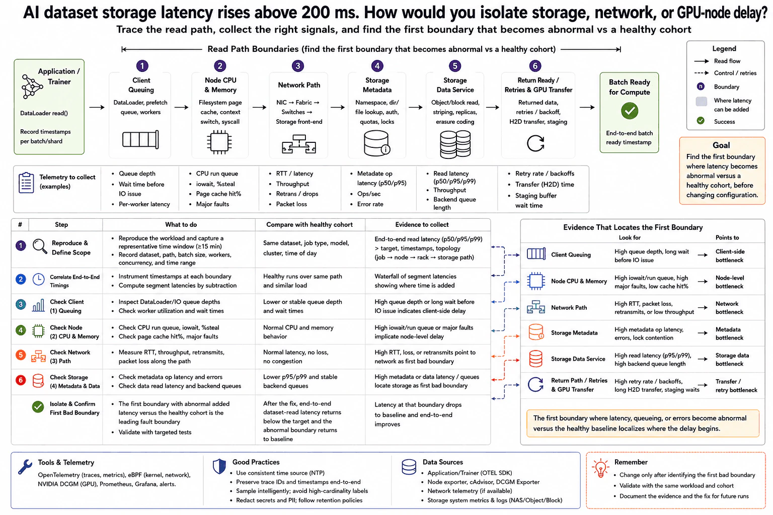 AI dataset storage latency rises above 200 ms. How would you isolate storage, network, or GPU-node delay? diagram