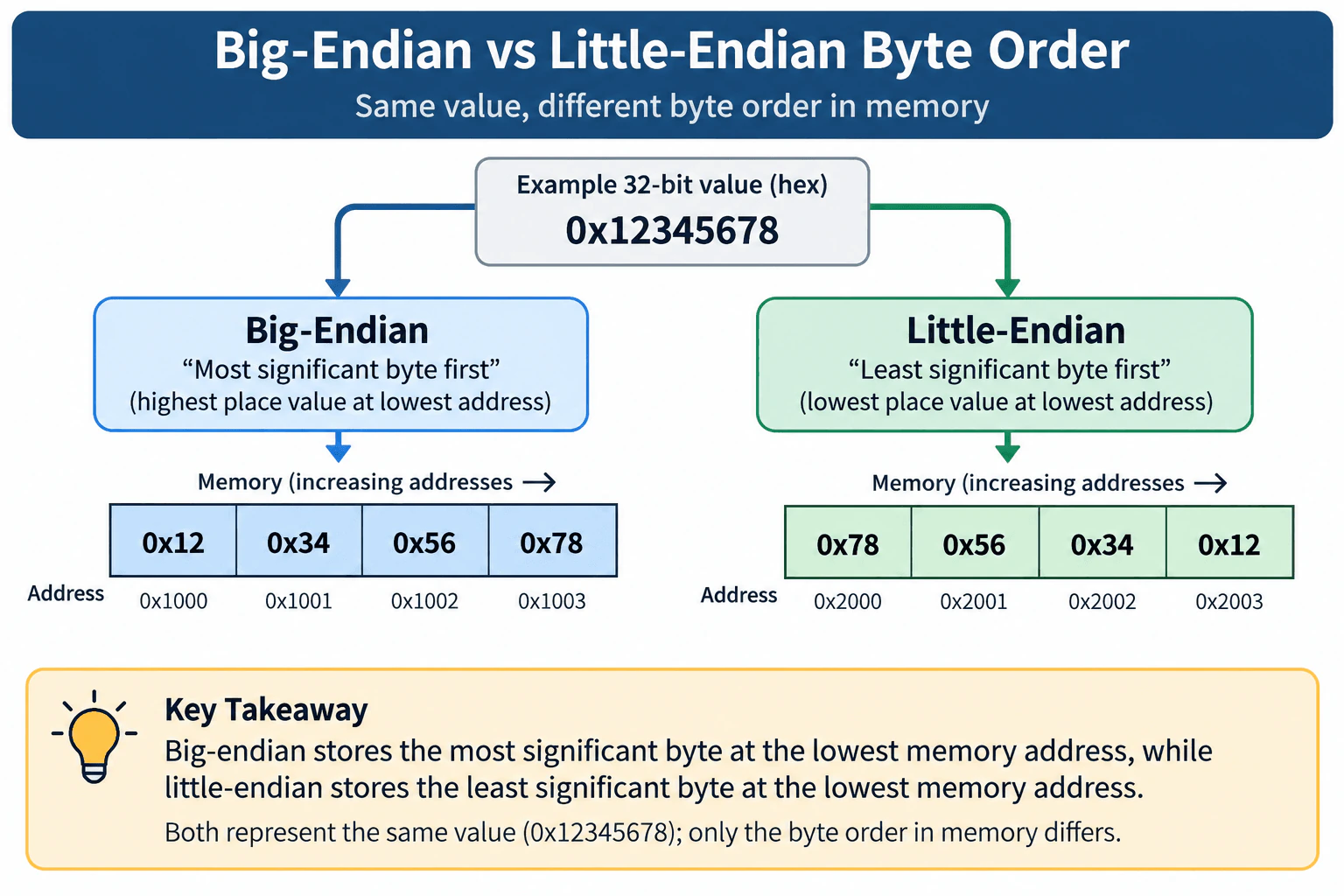 What is the difference between big-endian and little-endian byte order? diagram