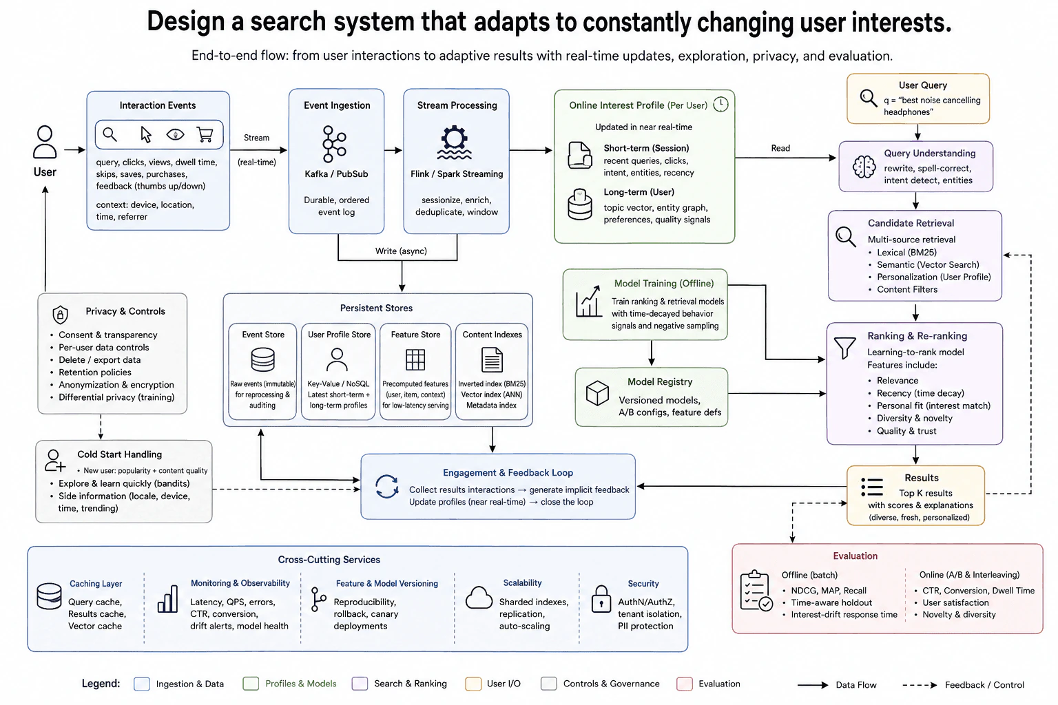 Design a search system that adapts to constantly changing user interests. diagram
