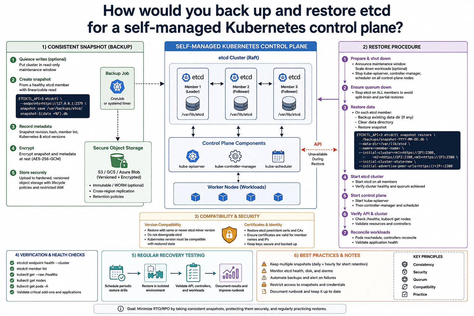 How would you back up and restore etcd for a self-managed Kubernetes control plane? diagram