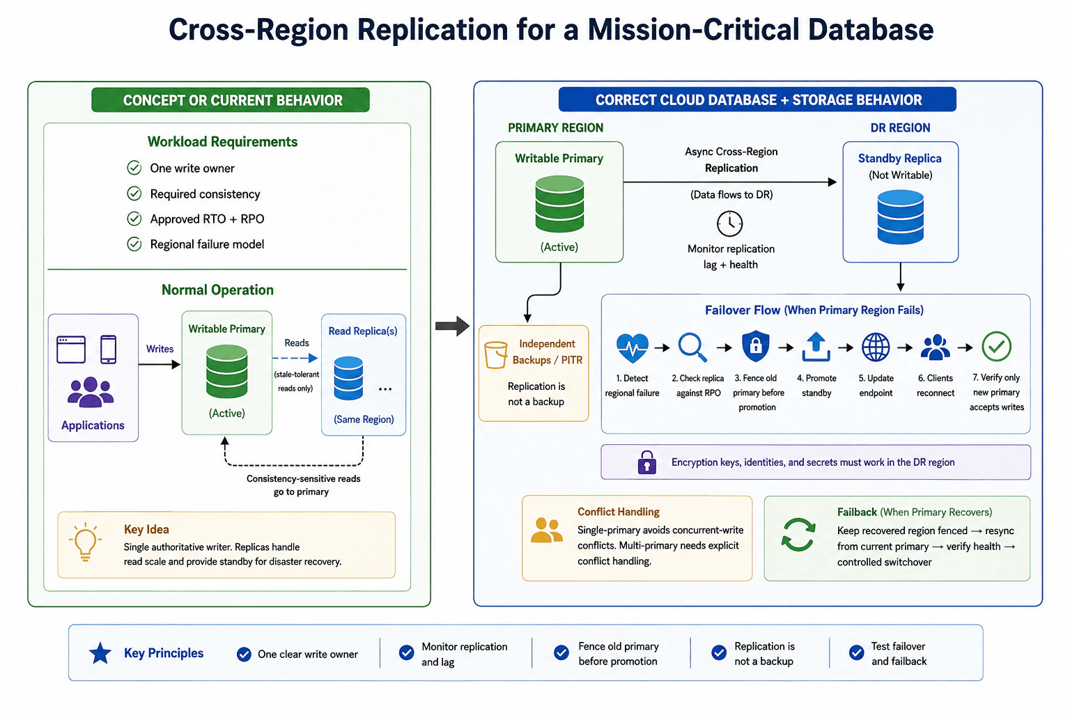 How would you design cross-region replication for a mission-critical database? diagram