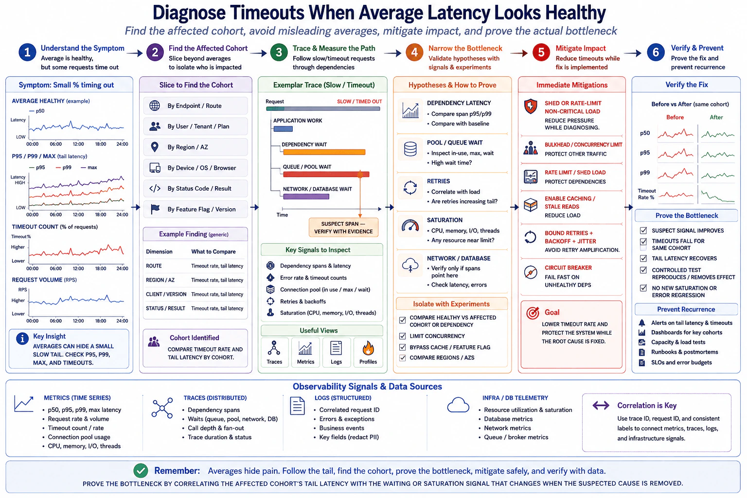 How would you diagnose timeouts when average latency still looks healthy? diagram