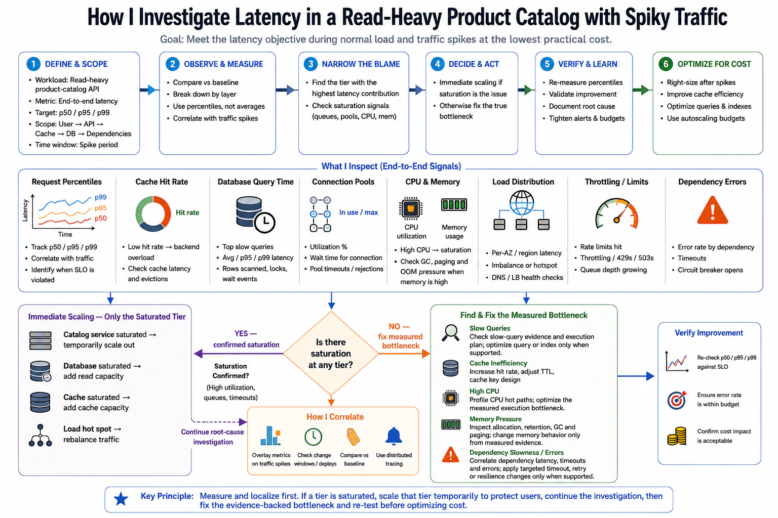 How would you investigate latency in a read-heavy product catalog with spiky traffic? diagram