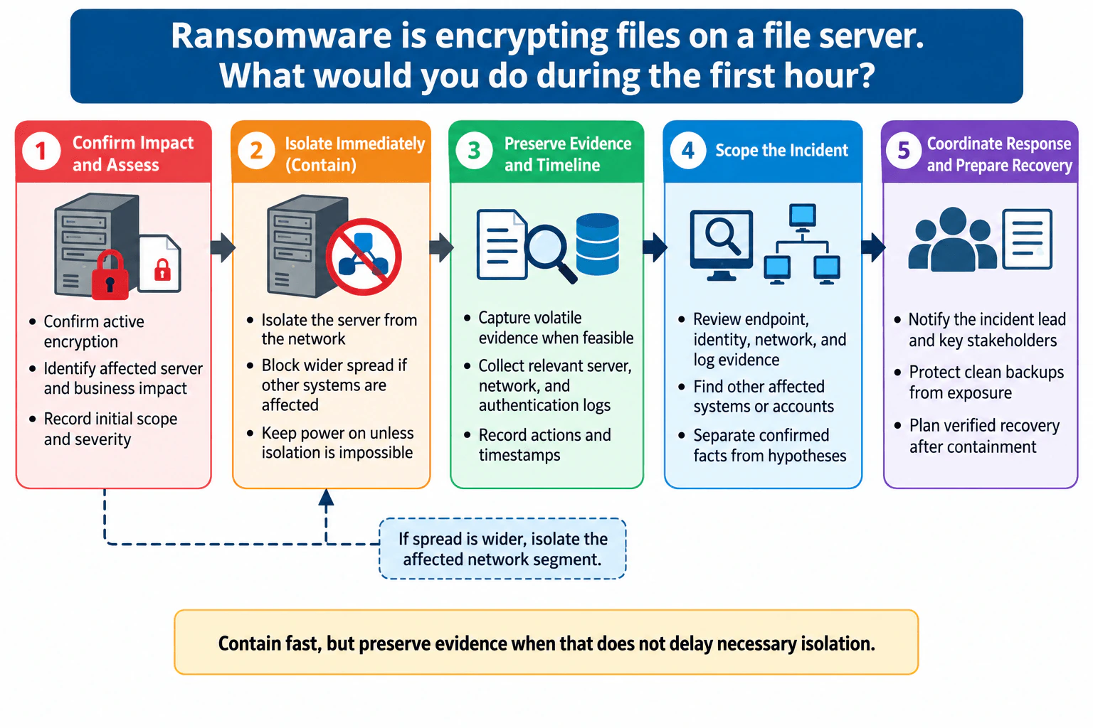 Ransomware is encrypting files on a file server. What would you do during the first hour? diagram