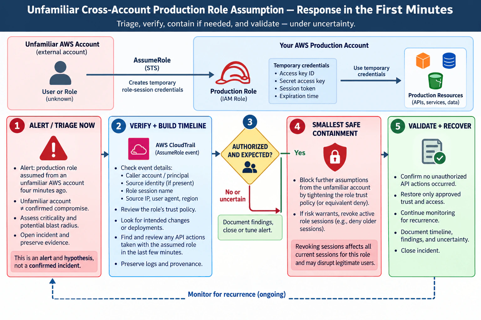 A production role was assumed from an unfamiliar AWS account four minutes ago. How would you respond? diagram