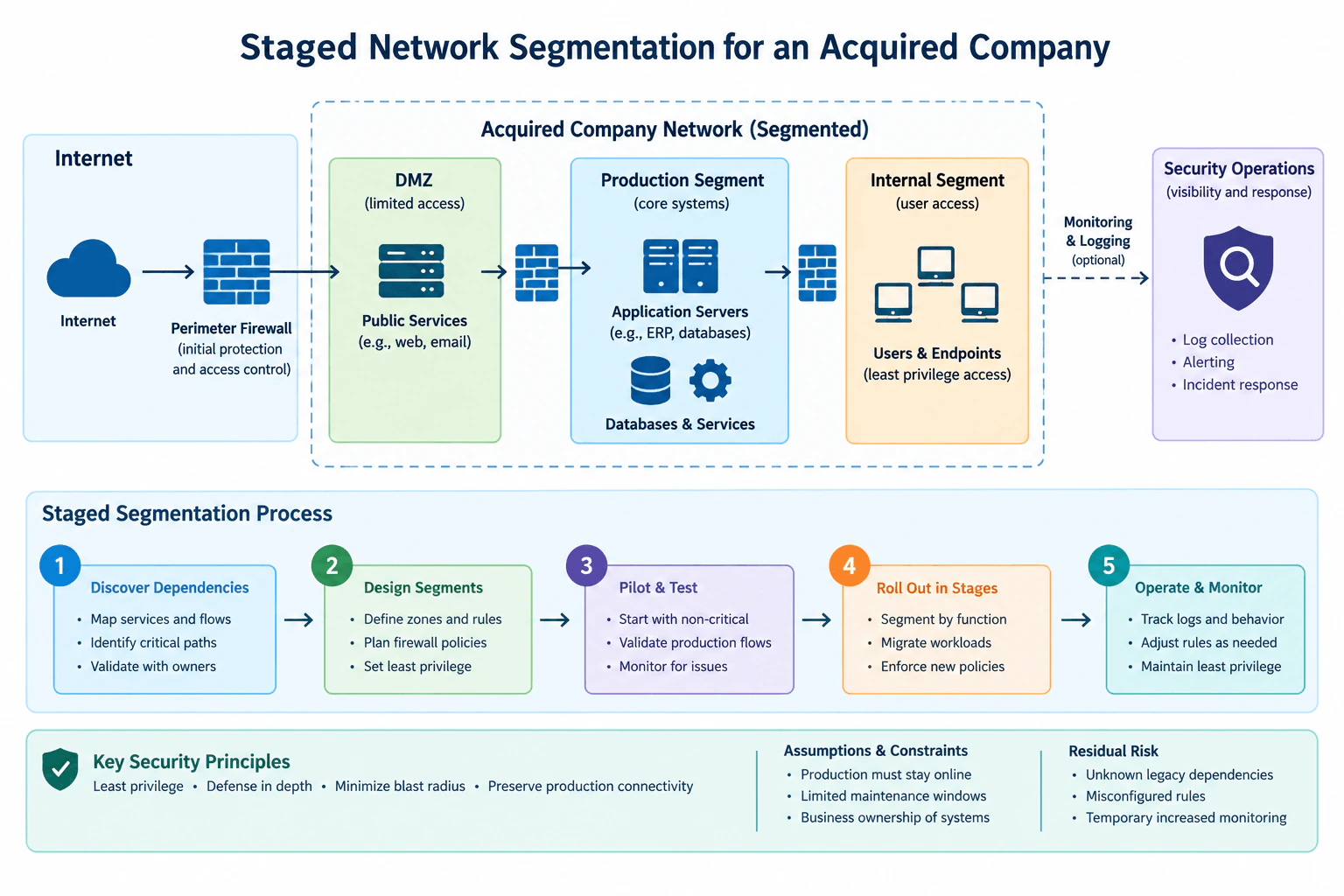 How would you segment an acquired company’s flat network without disrupting production? diagram